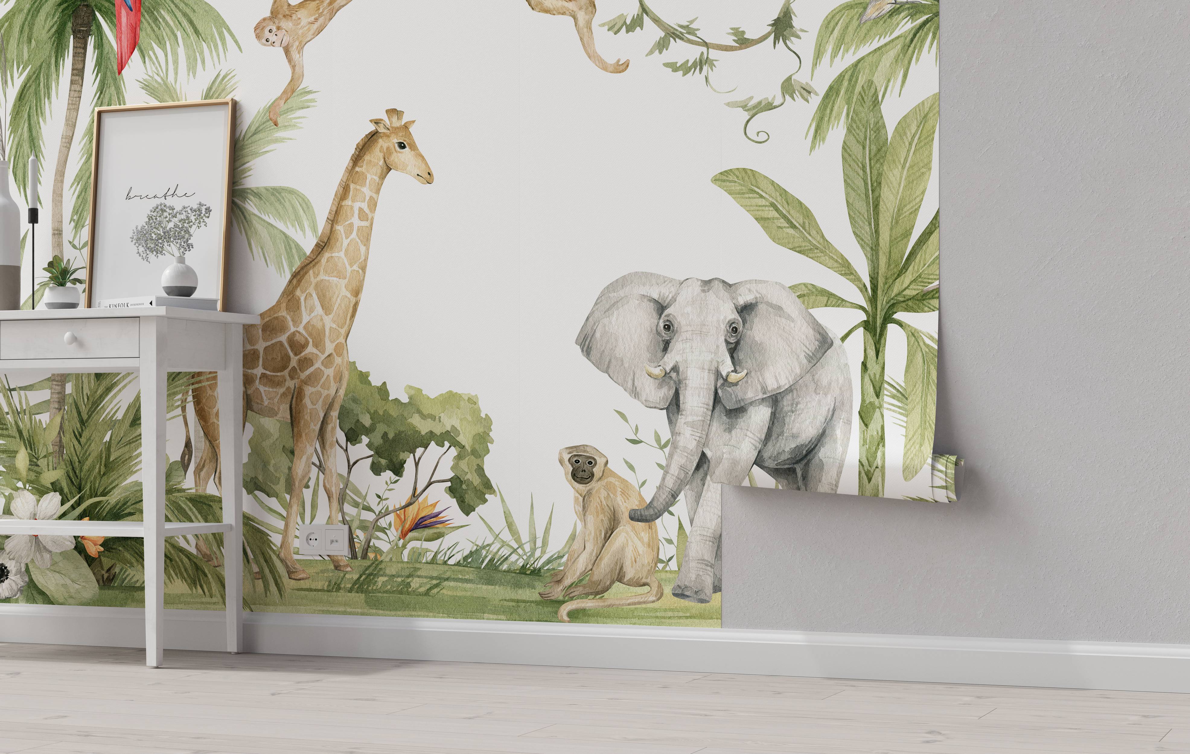Watercolor mural of a jungle scene featuring a giraffe, elephant, and monkey amidst green tropical plants and foliage.