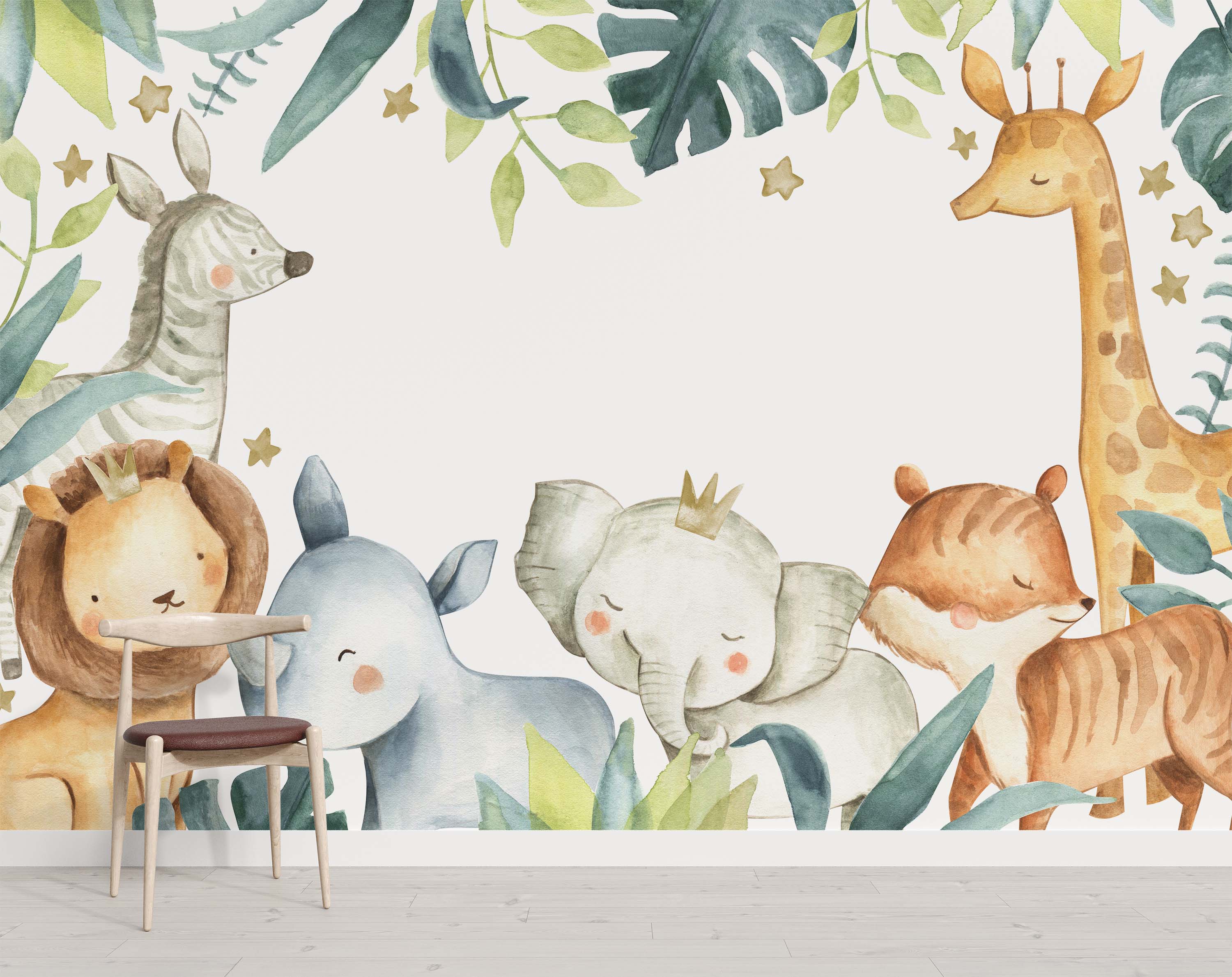 Watercolor mural of cute jungle animals—zebra, lion, rhino, elephant, tiger, giraffe—with green leaves and light brown stars.