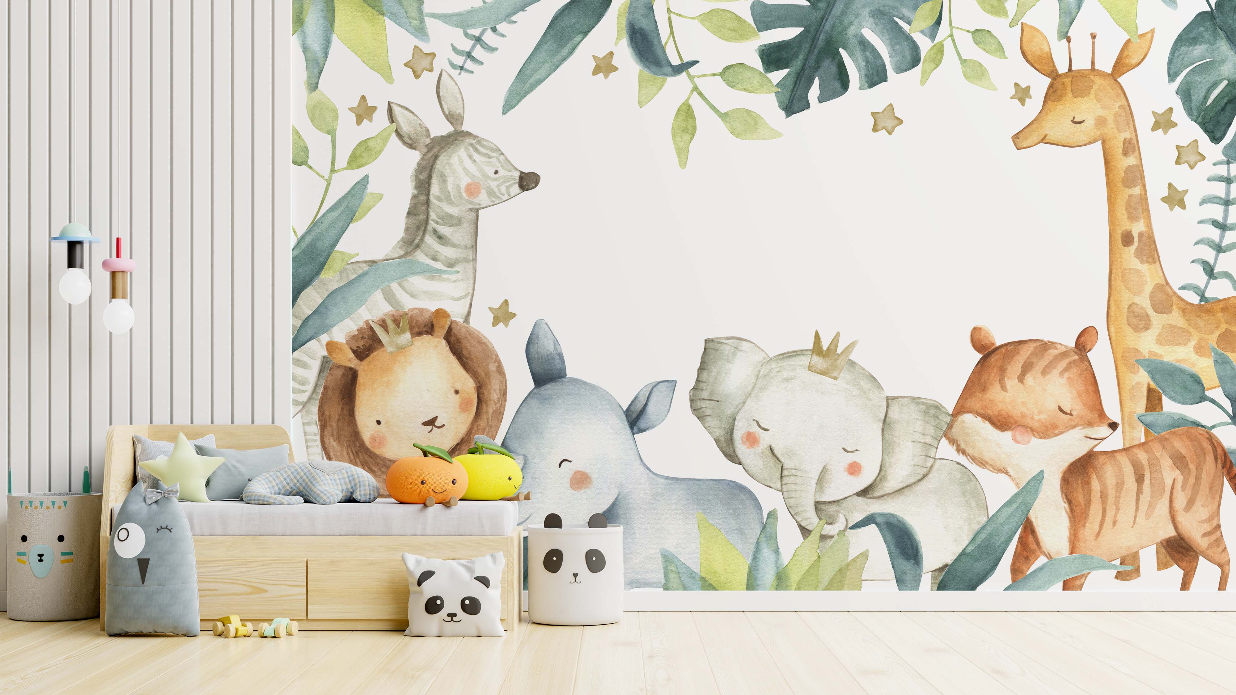 Soft watercolor mural of jungle animals: giraffe, elephant, lion, zebra, rhino, tiger, among green and blue leaves and golden stars.
