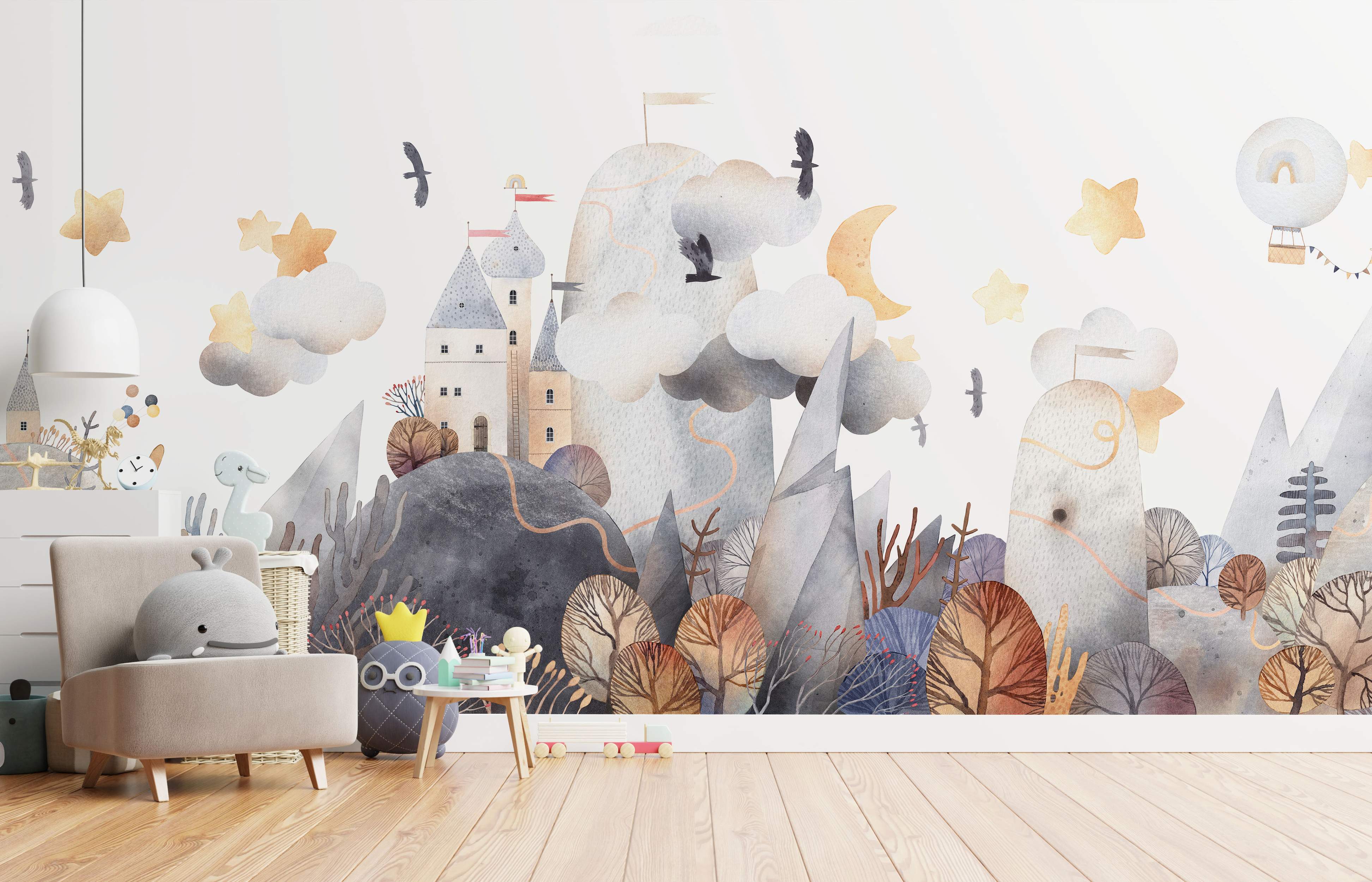 Watercolor mural of a whimsical landscape with a castle, mountains, trees, clouds, stars, moon, and birds in muted gray & beige.