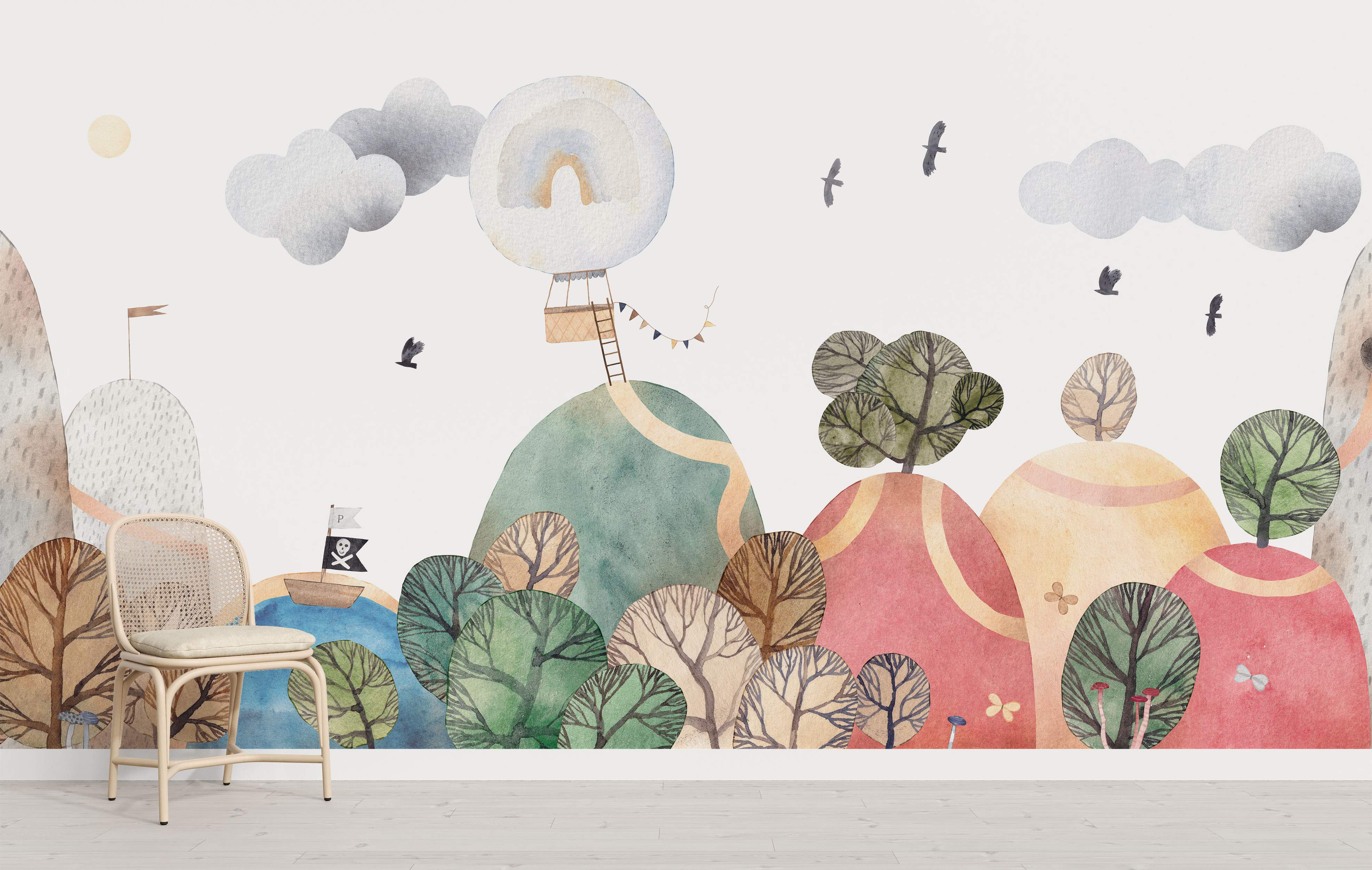 Whimsical watercolor landscape mural featuring rolling hills in muted green, red, yellow, and gray, with stylized trees and sky elements.