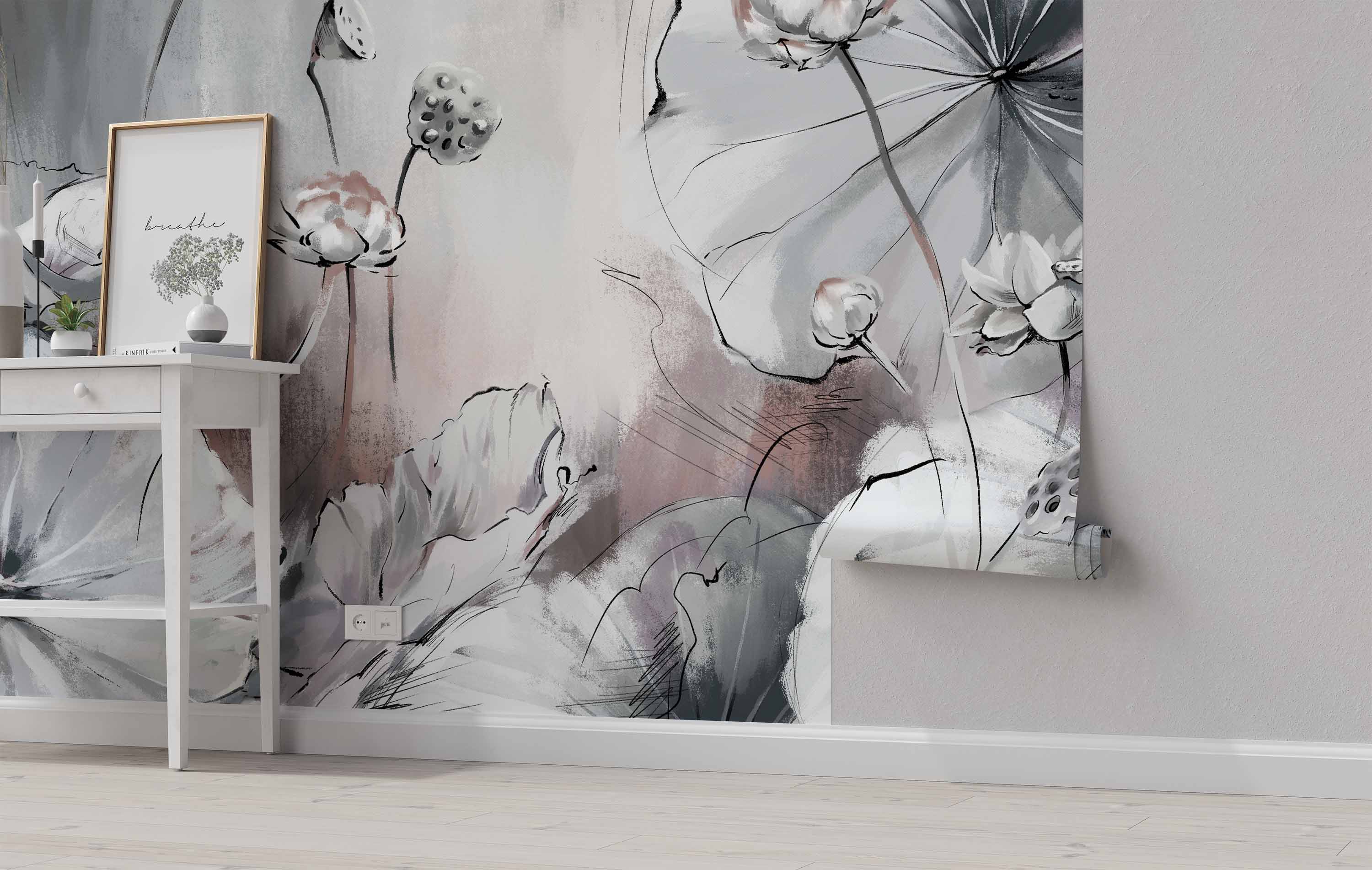 Watercolor mural depicting lotus flowers and seed pods in shades of gray and soft pink with black line art details.