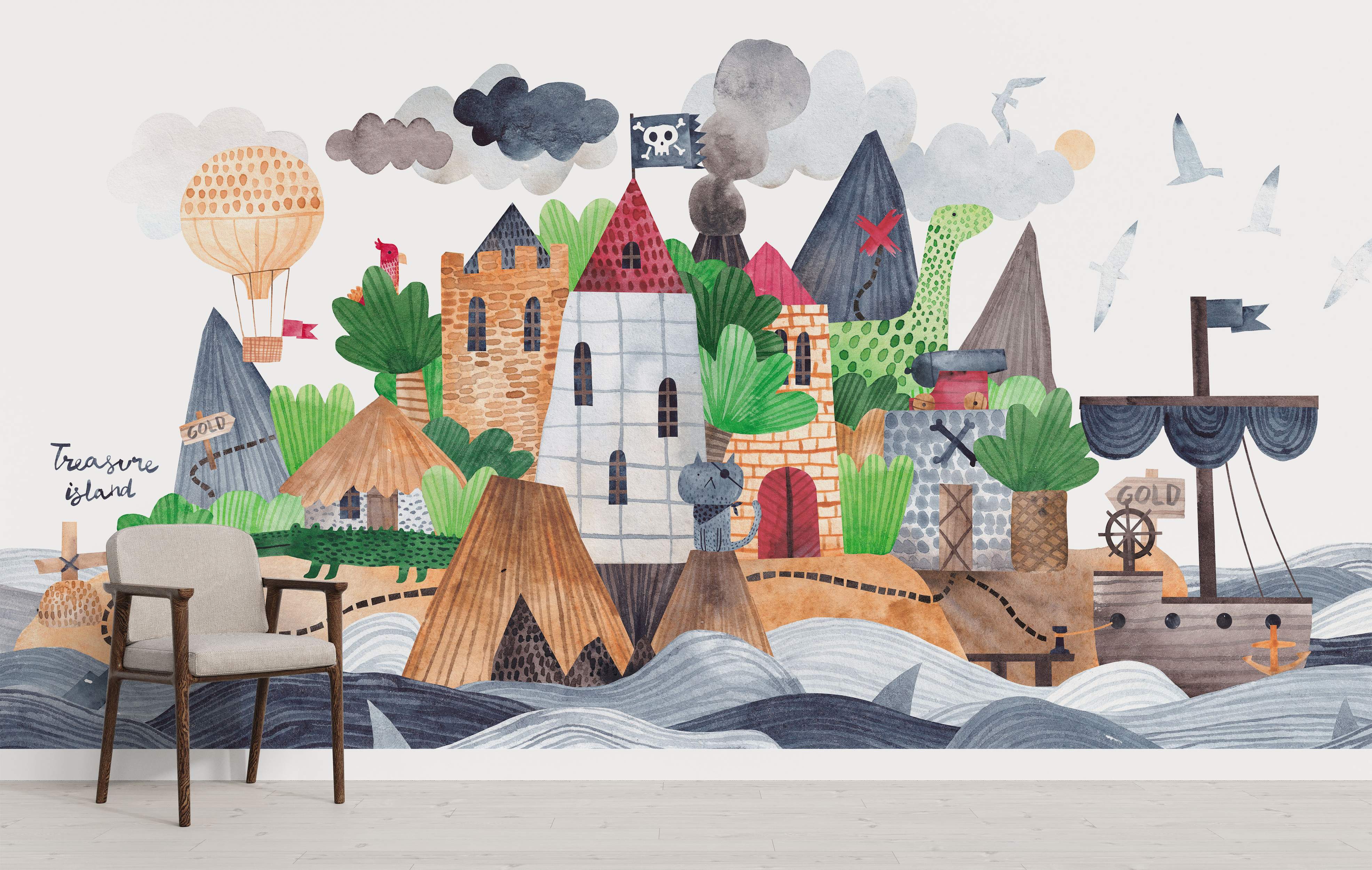 Whimsical watercolor mural depicting a pirate treasure island scene with a castle, ship, and muted blues, grays, and greens.