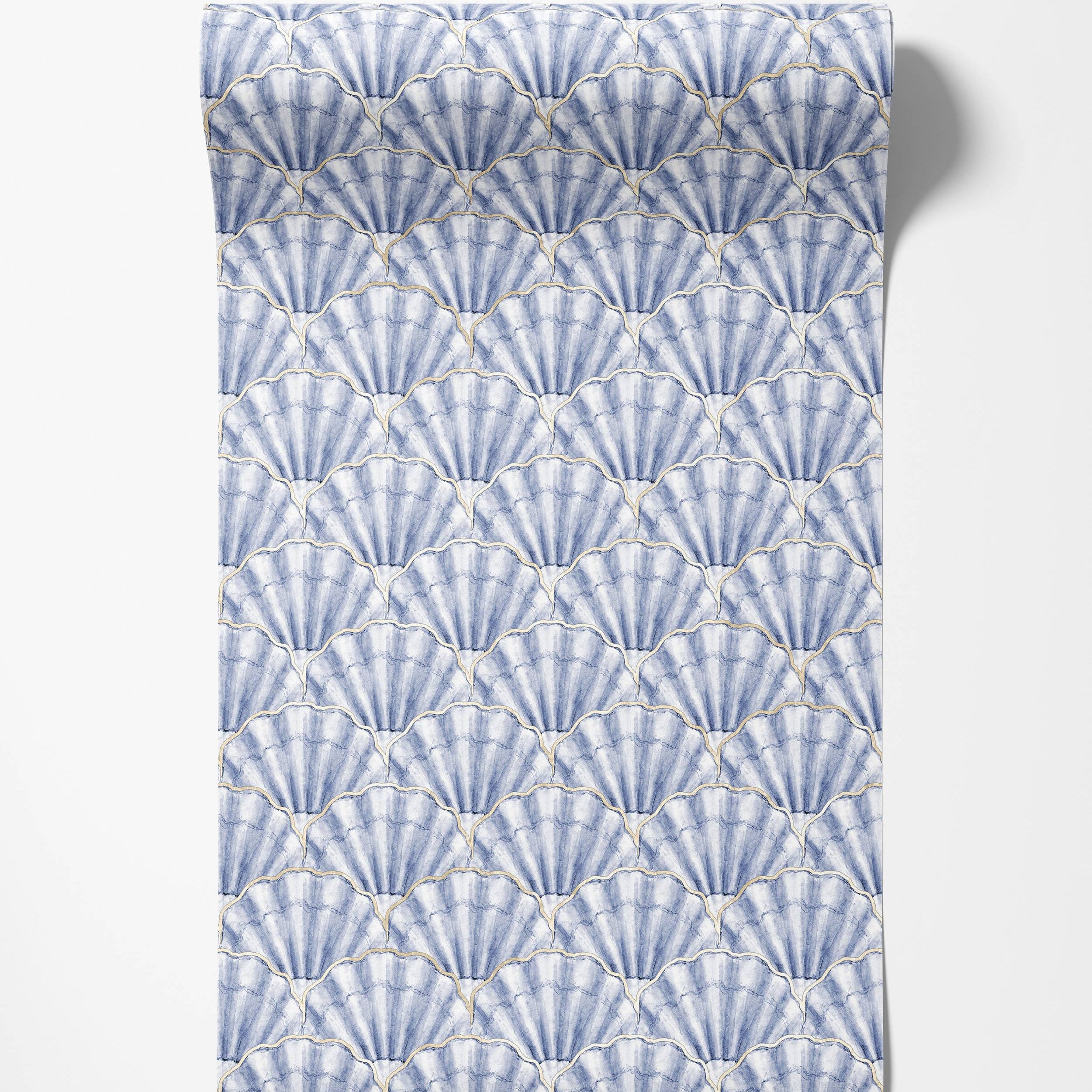 Blue and white watercolor scallop shell wallpaper with delicate gold line accents, in a repeating pattern.