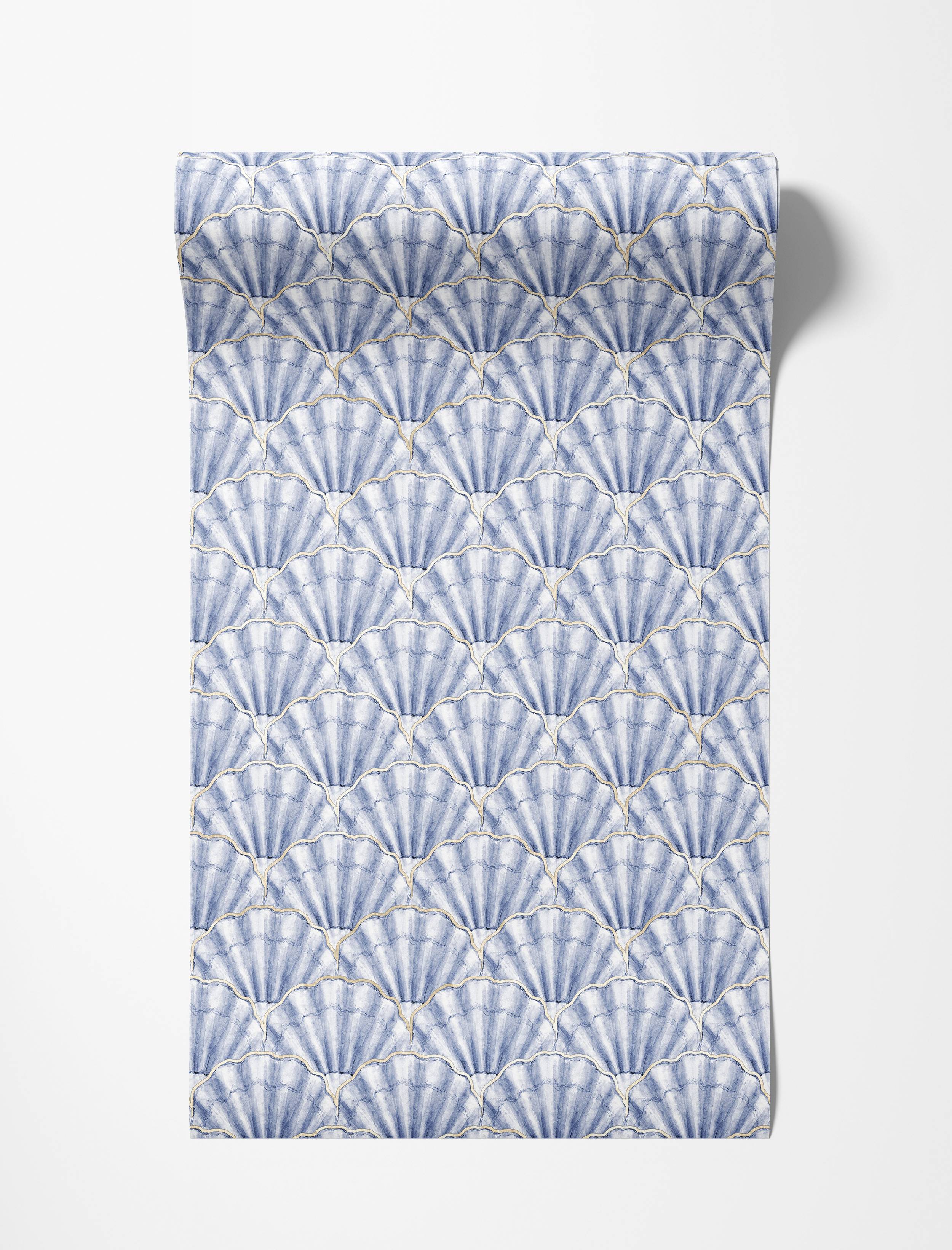 Blue and white watercolor scallop shell wallpaper with delicate gold line accents, in a repeating pattern.