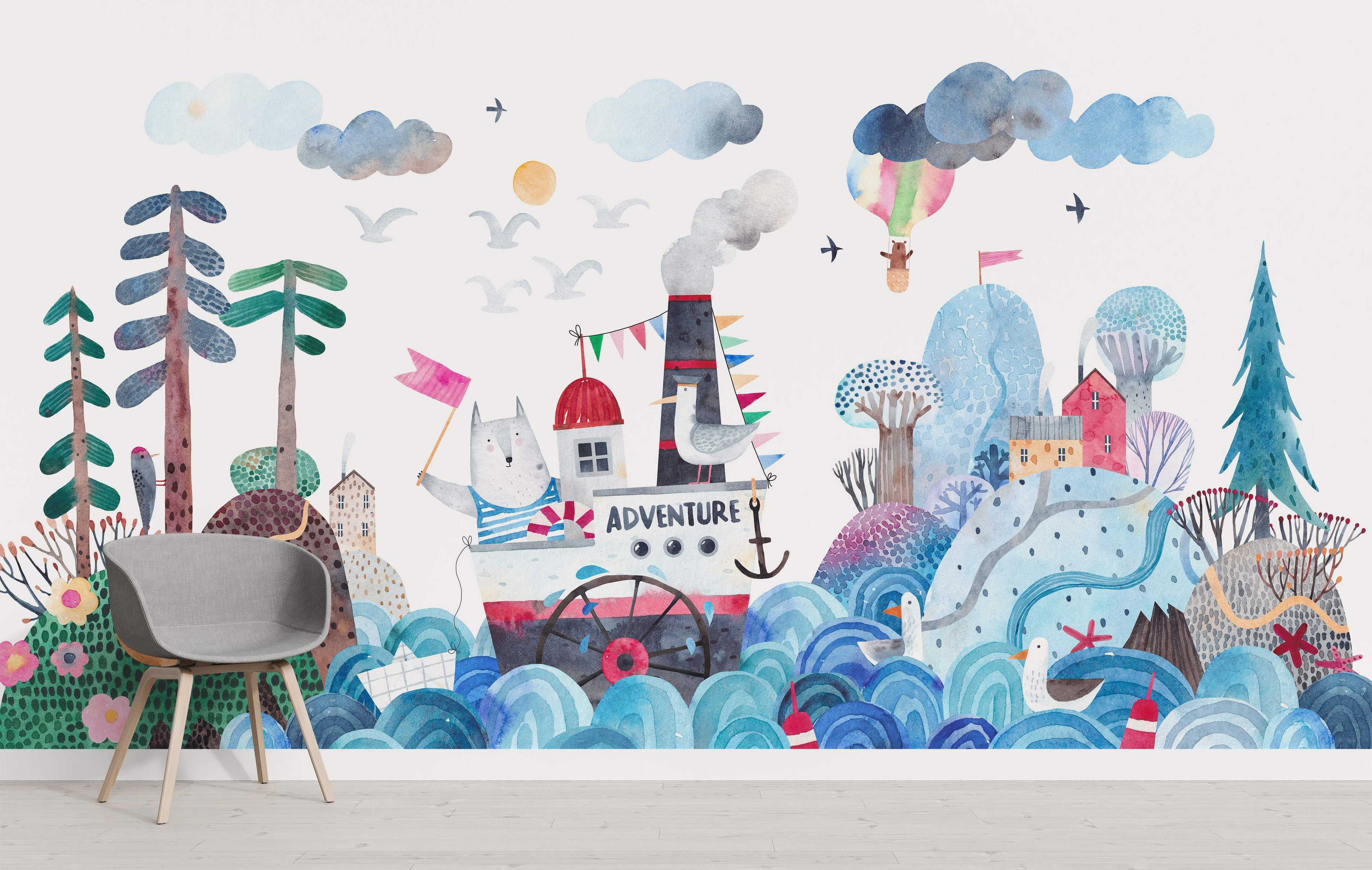 Whimsical watercolor sea adventure mural featuring a cat on a boat, stylized islands, waves, and a bear in a hot air balloon in blues and greens.