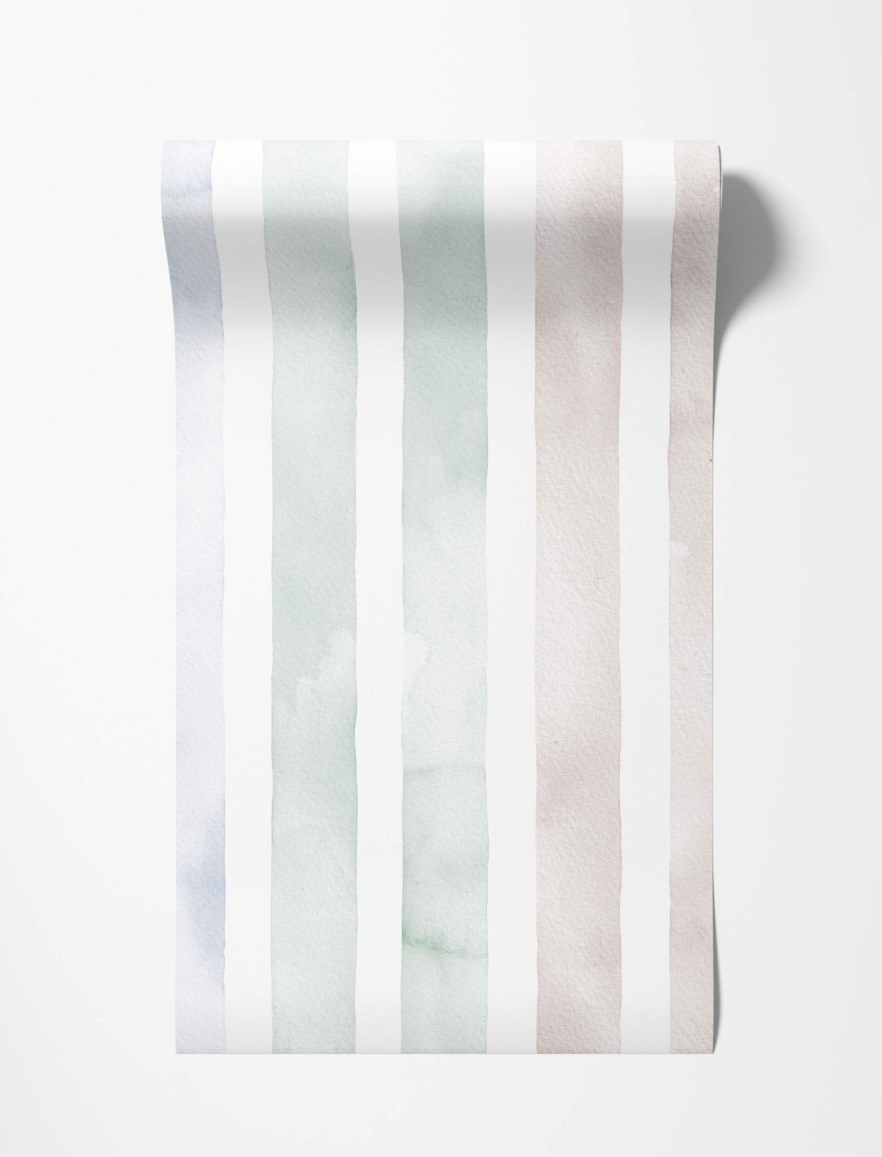 Wallpaper featuring watercolor vertical stripes in pastel blue, green, and pinkish-beige alternating with white stripes.