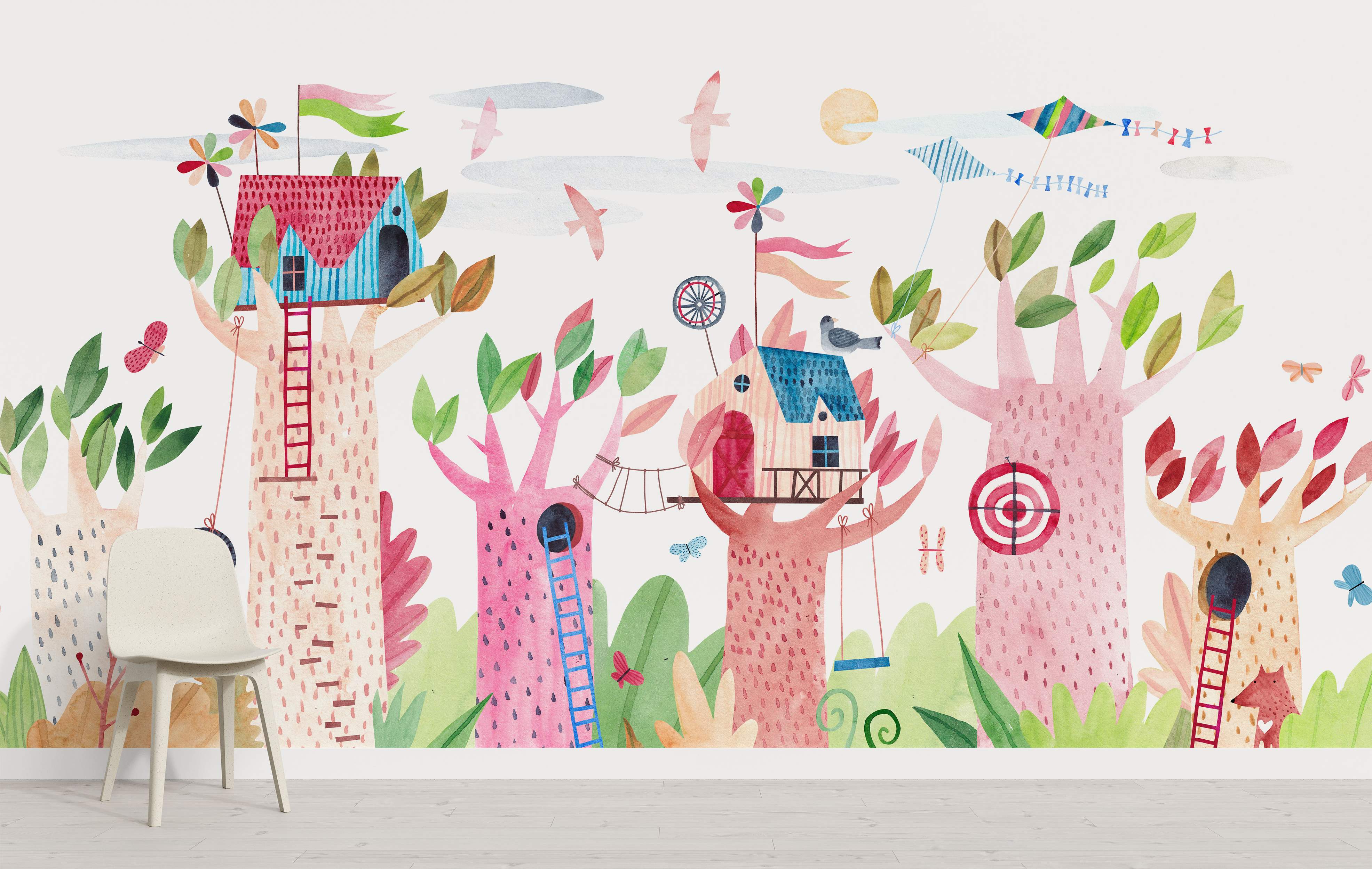 Whimsical watercolor forest mural with pink and green trees, colorful treehouses, ladders, birds, butterflies, and kites.
