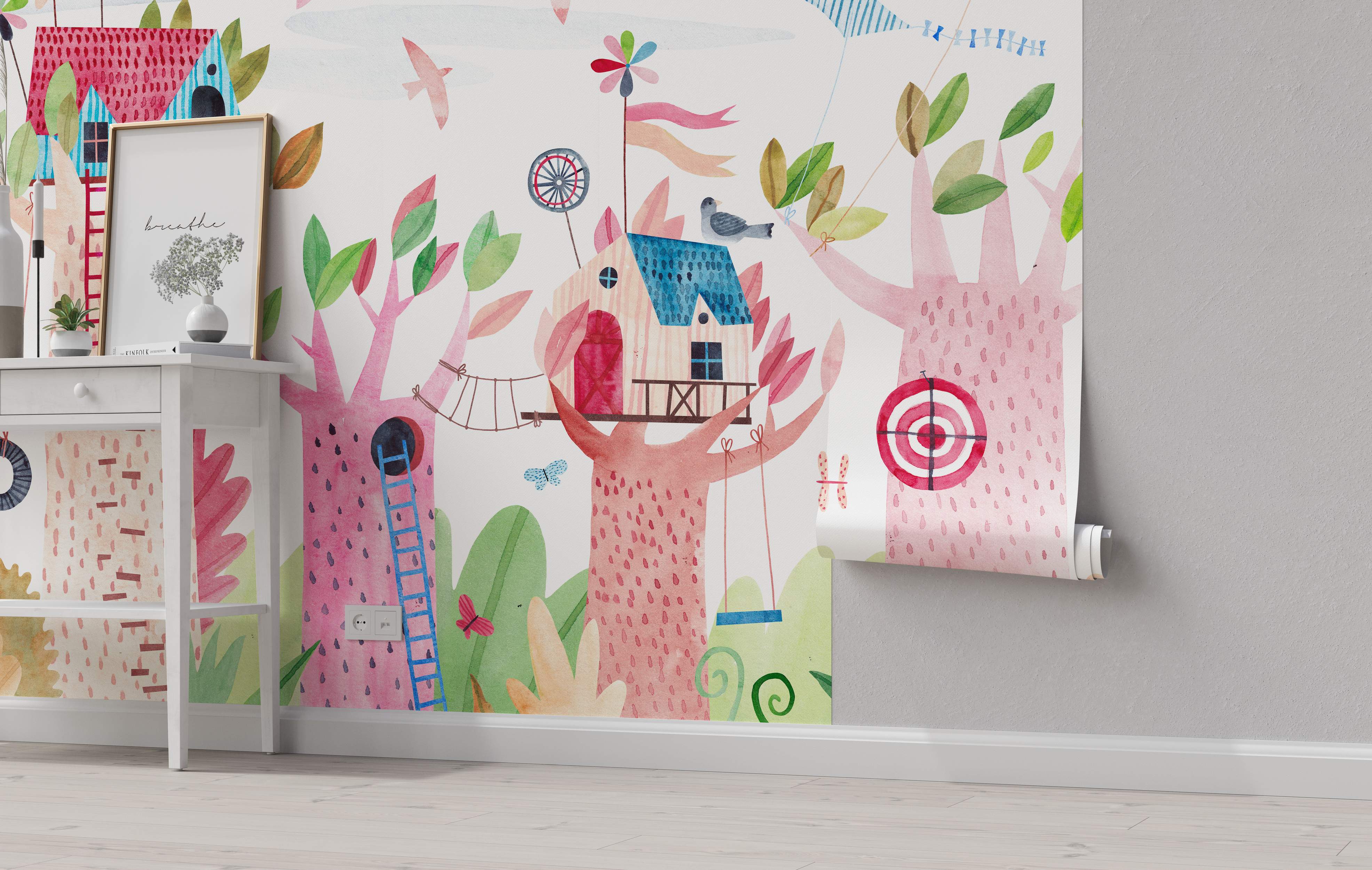 Whimsical watercolor mural featuring stylized pink trees, treehouses, birds, ladders, and a swing on a light background.