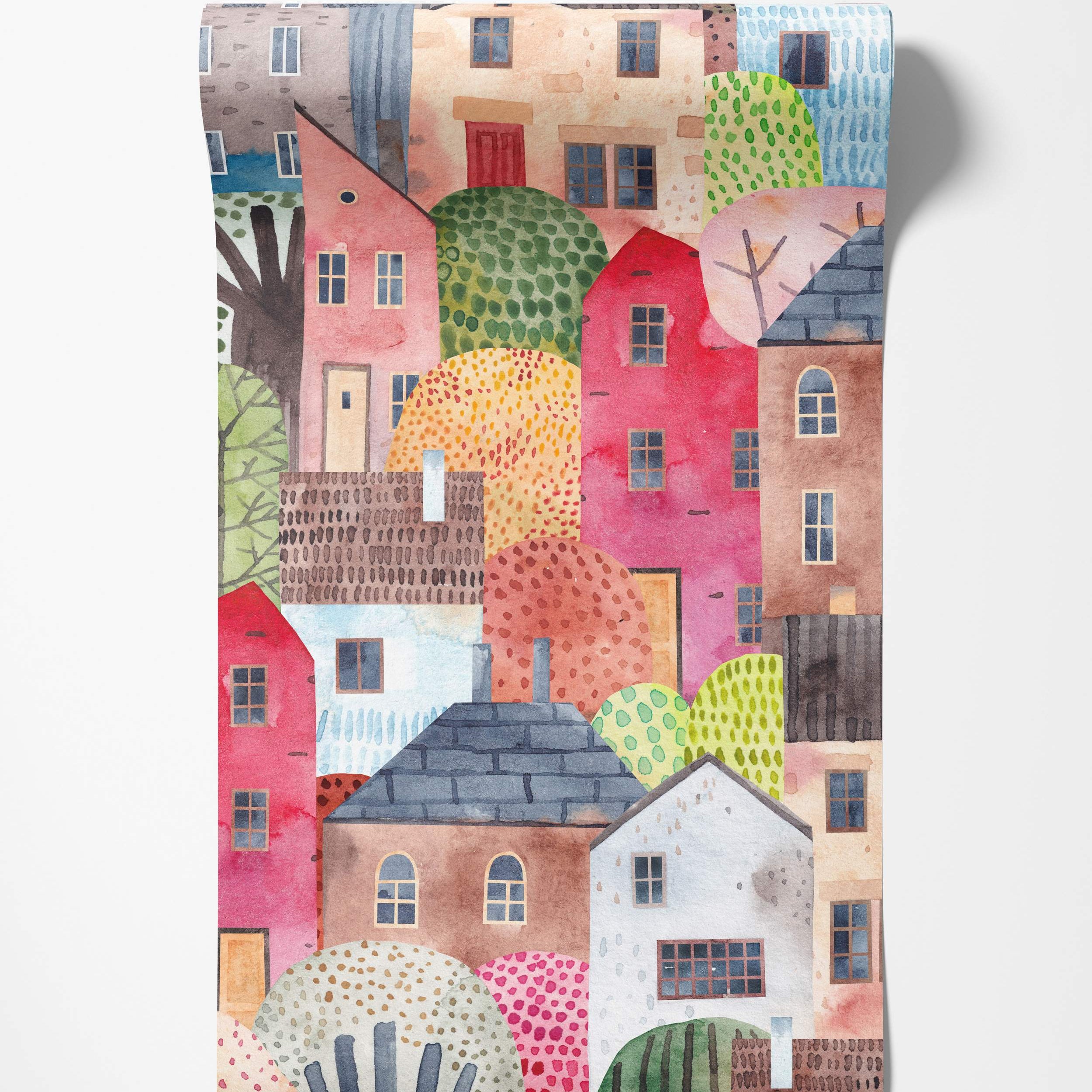 Watercolor village scene mural featuring colorful, overlapping houses and textured trees in pink, blue, brown, and green hues.