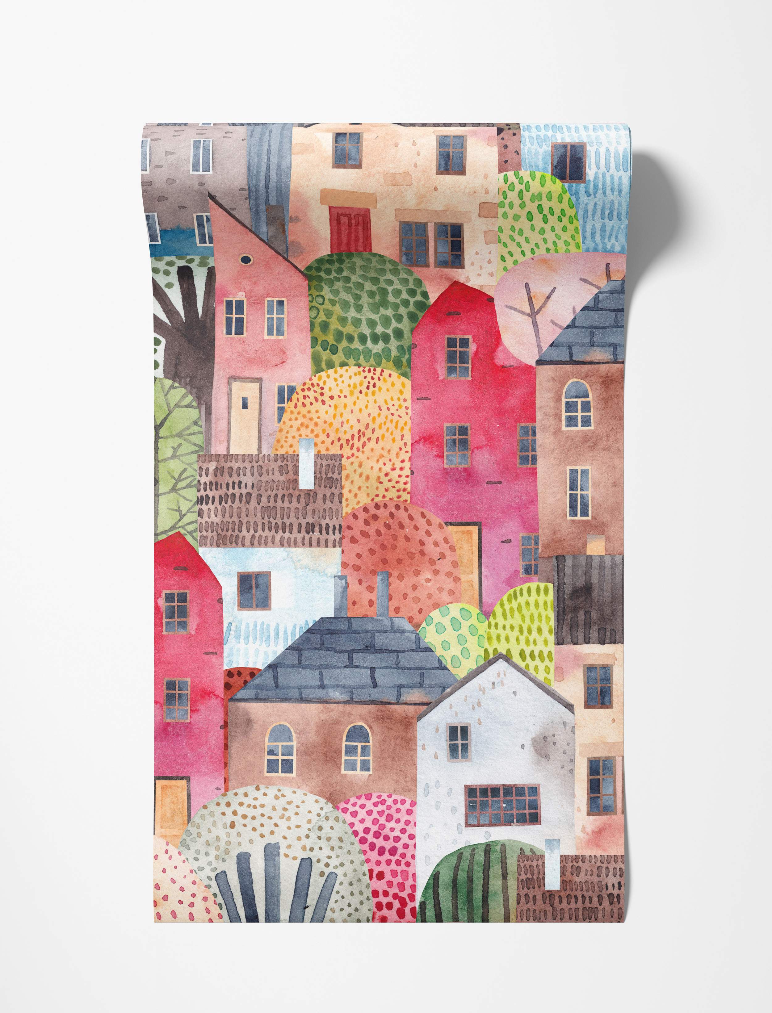 Watercolor village scene mural featuring colorful, overlapping houses and textured trees in pink, blue, brown, and green hues.