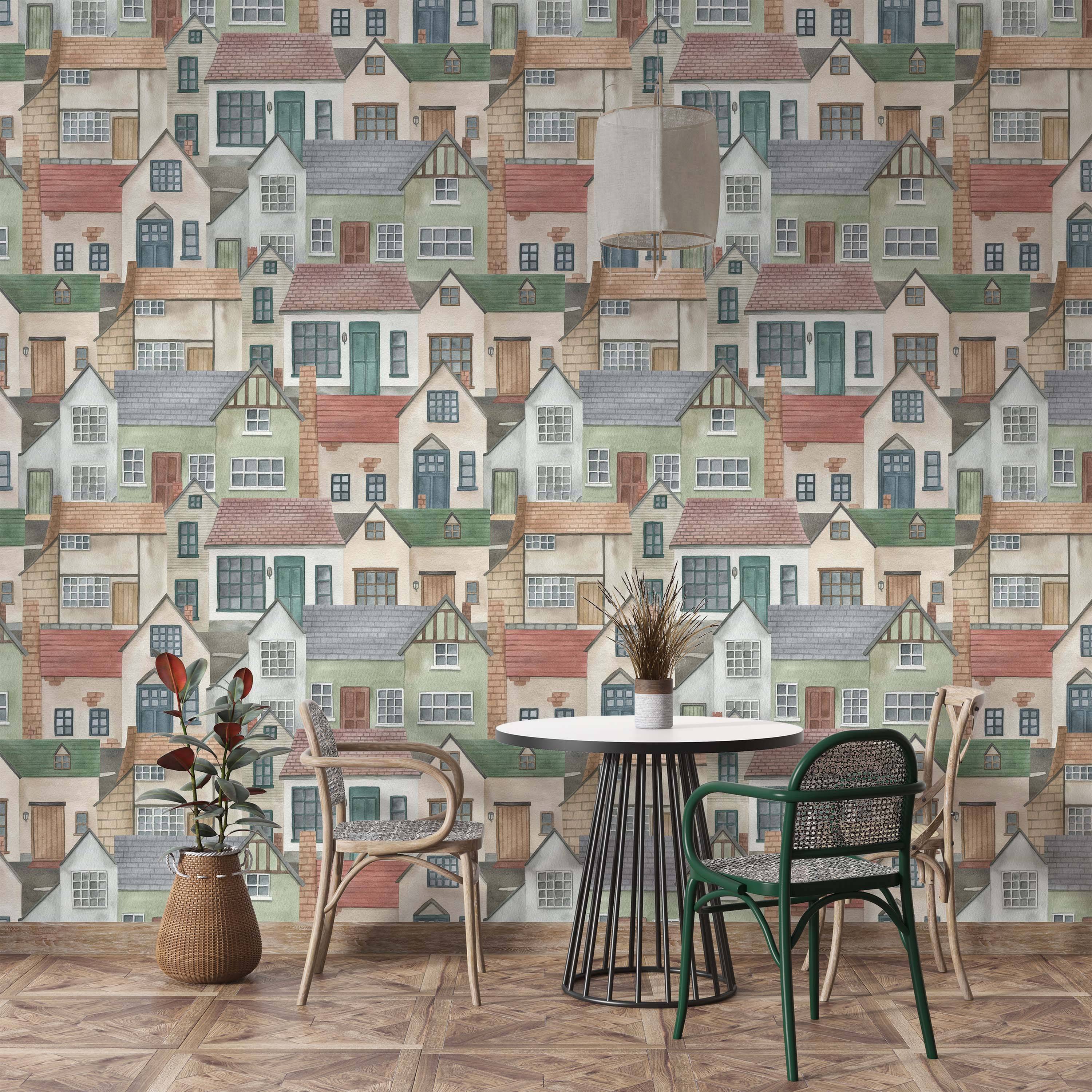 Wallpaper featuring a repeating pattern of overlapping watercolour houses in muted greens, reds, grays, and beiges.