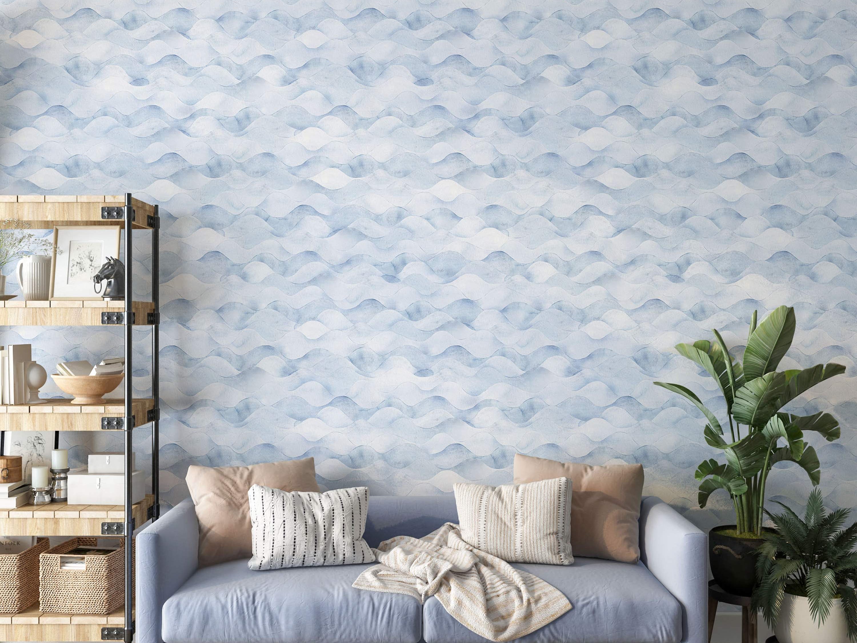 Blue and white watercolor wave pattern wallpaper