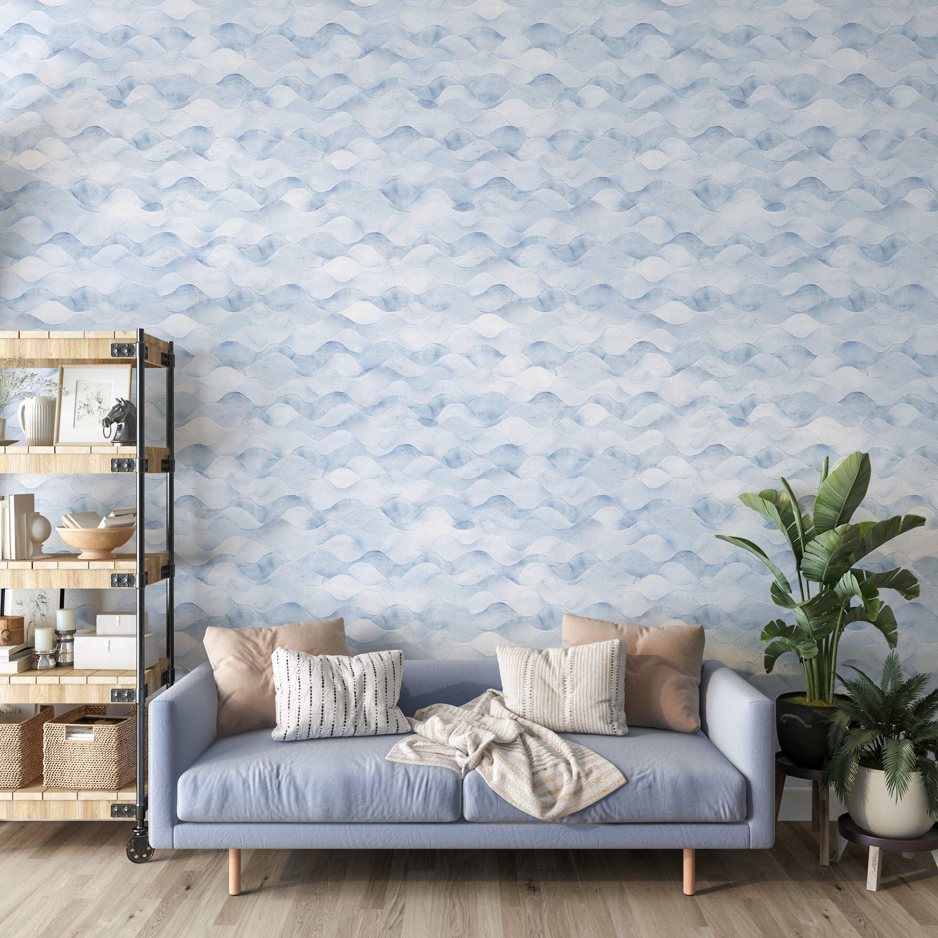 Blue and white watercolor wave pattern wallpaper