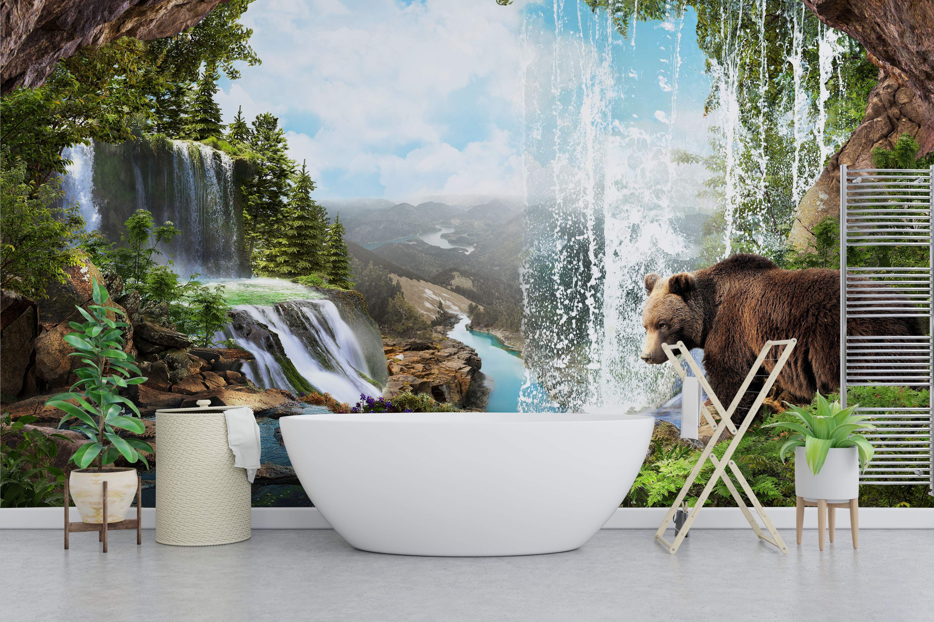 Photorealistic mural of multiple waterfalls in a mountain forest landscape, featuring a river valley and a prominent brown bear.