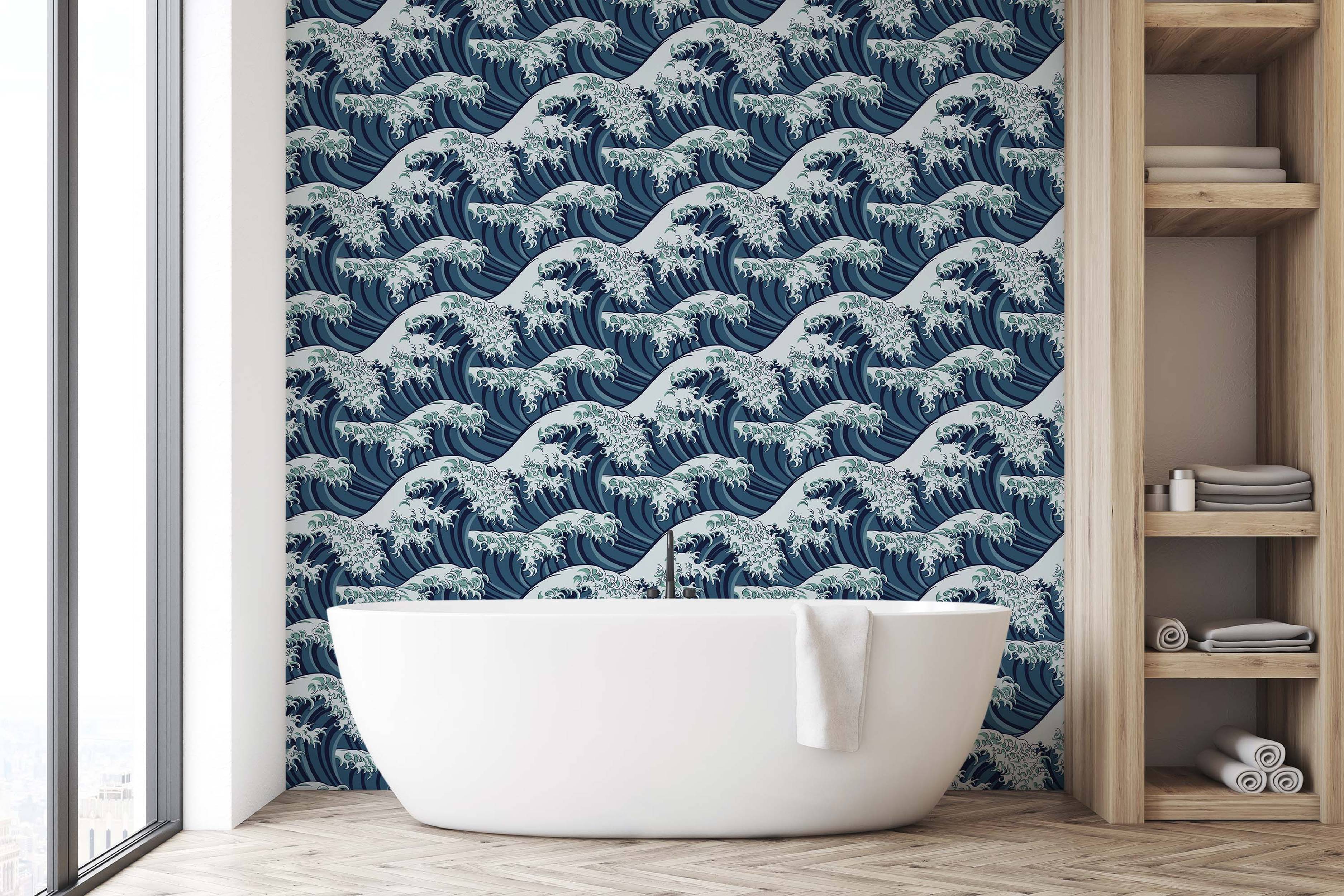 Stylized Japanese wave wallpaper featuring repeating cresting waves in shades of deep blue and white foam accents.