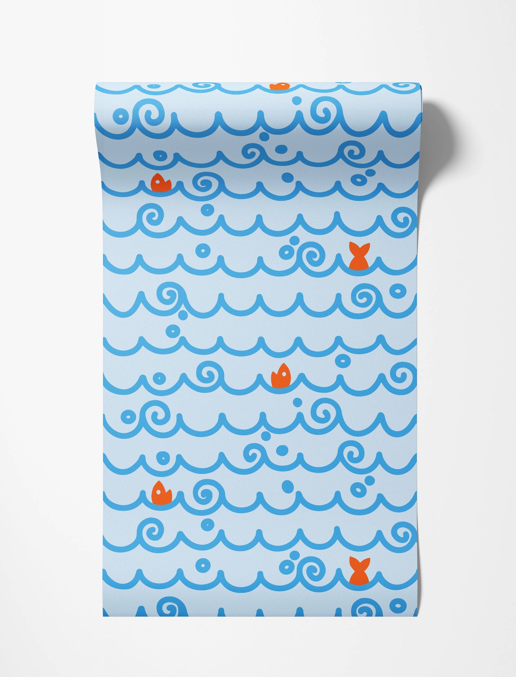 Wallpaper featuring stylized blue waves, simple orange fish, and blue dots on a light blue background.