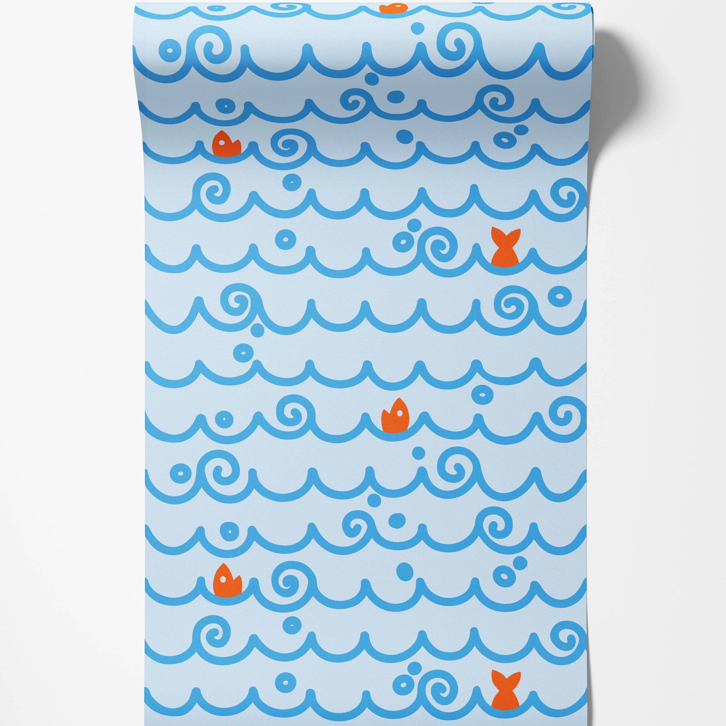 Wallpaper featuring stylized blue waves, simple orange fish, and blue dots on a light blue background.