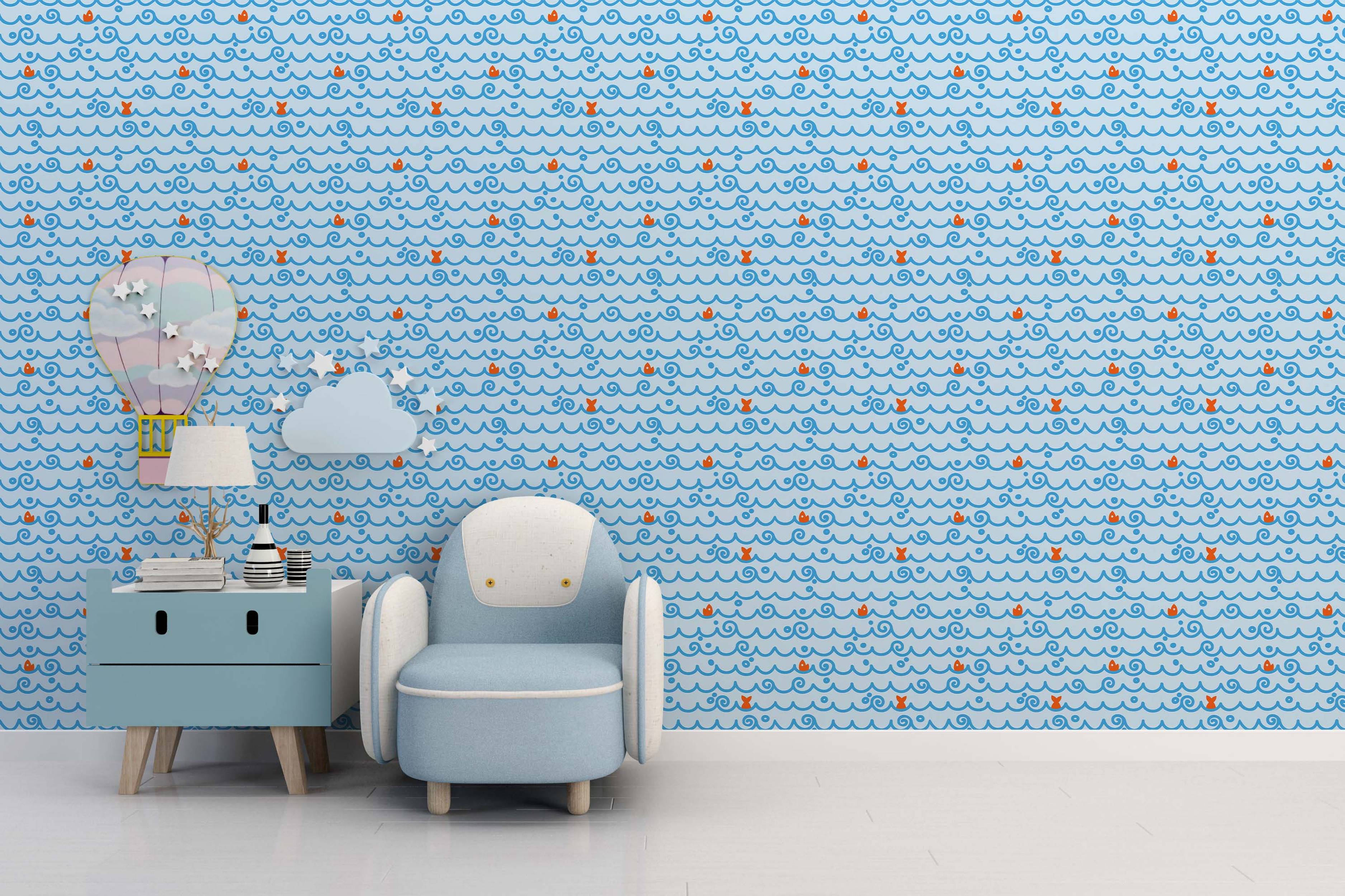 Wallpaper with a repeating pattern of stylized blue waves and small orange fish on a light blue background.