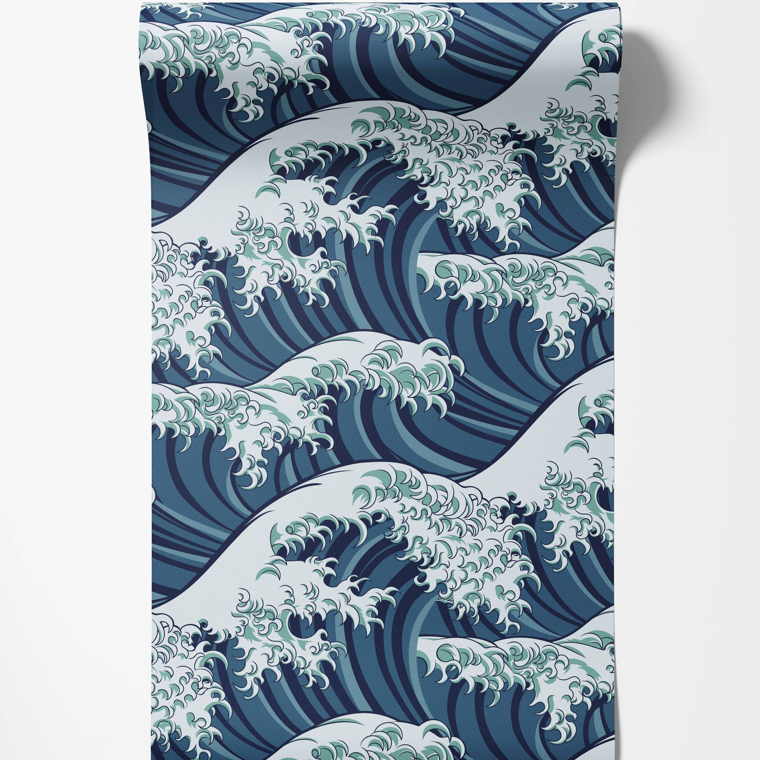 Japanese style wave wallpaper with repeating blue, teal, and white cresting waves.