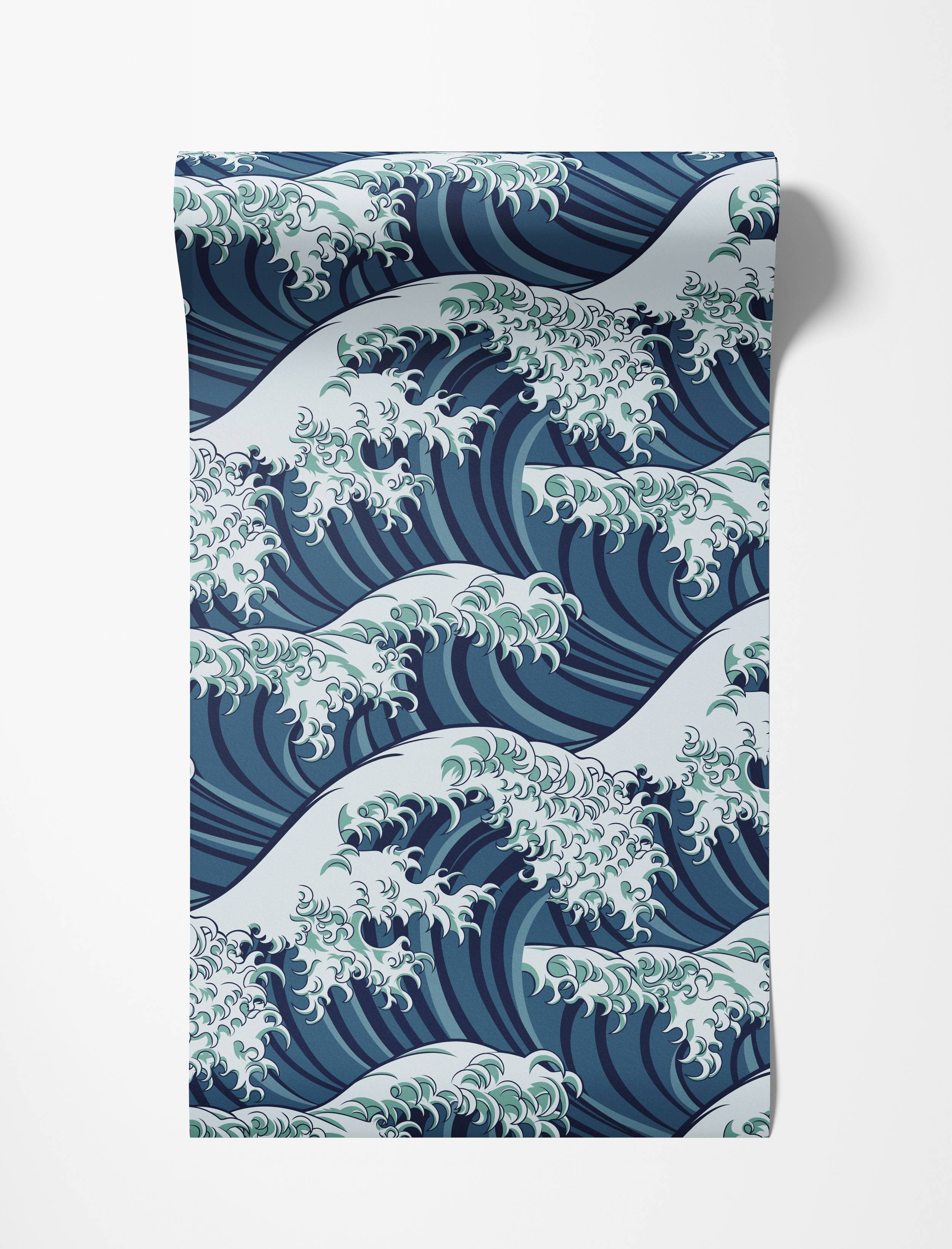 Japanese style wave wallpaper with repeating blue, teal, and white cresting waves.