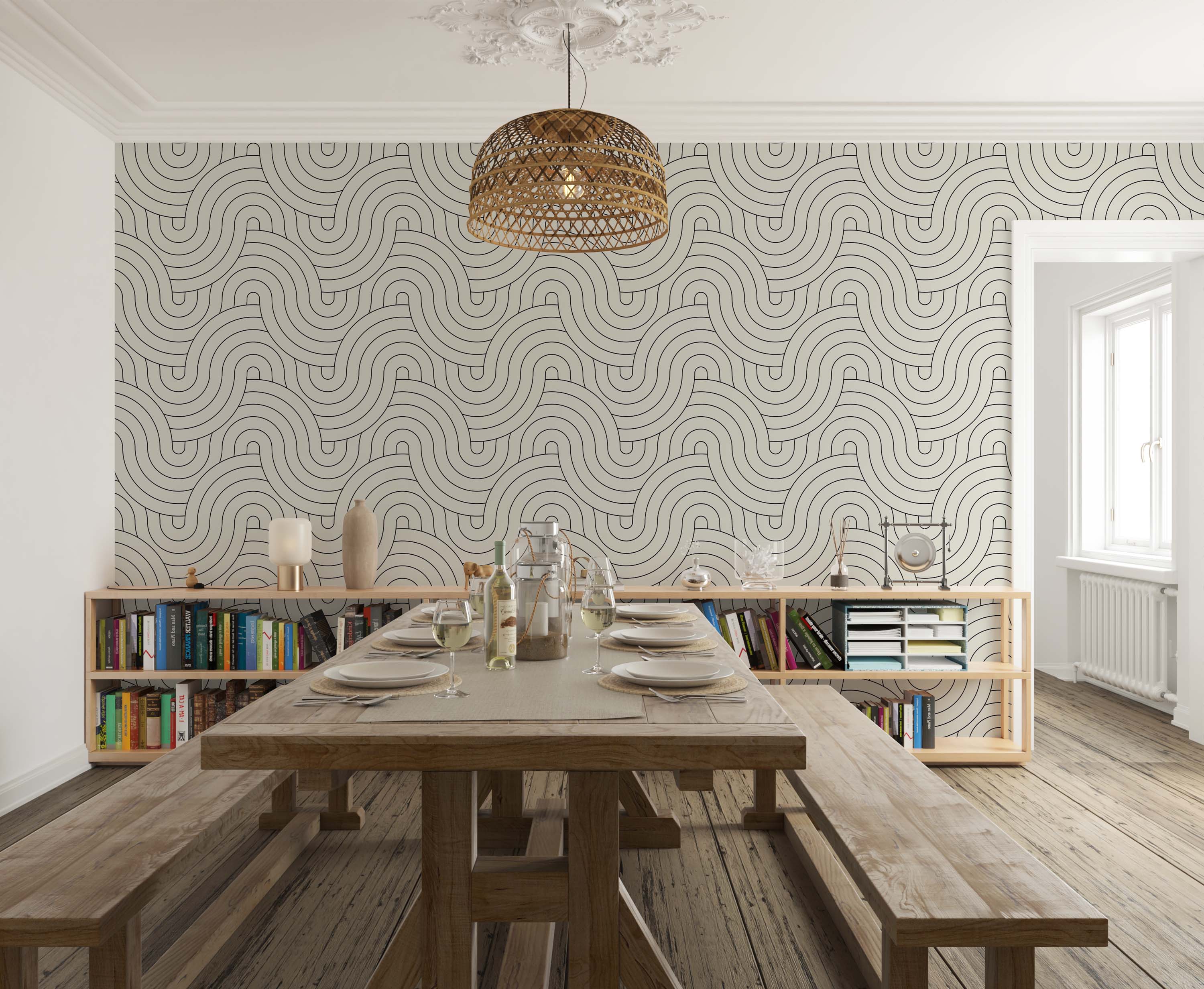 Geometric wallpaper featuring continuous, interlocking black wavy lines and arcs on a light gray field.