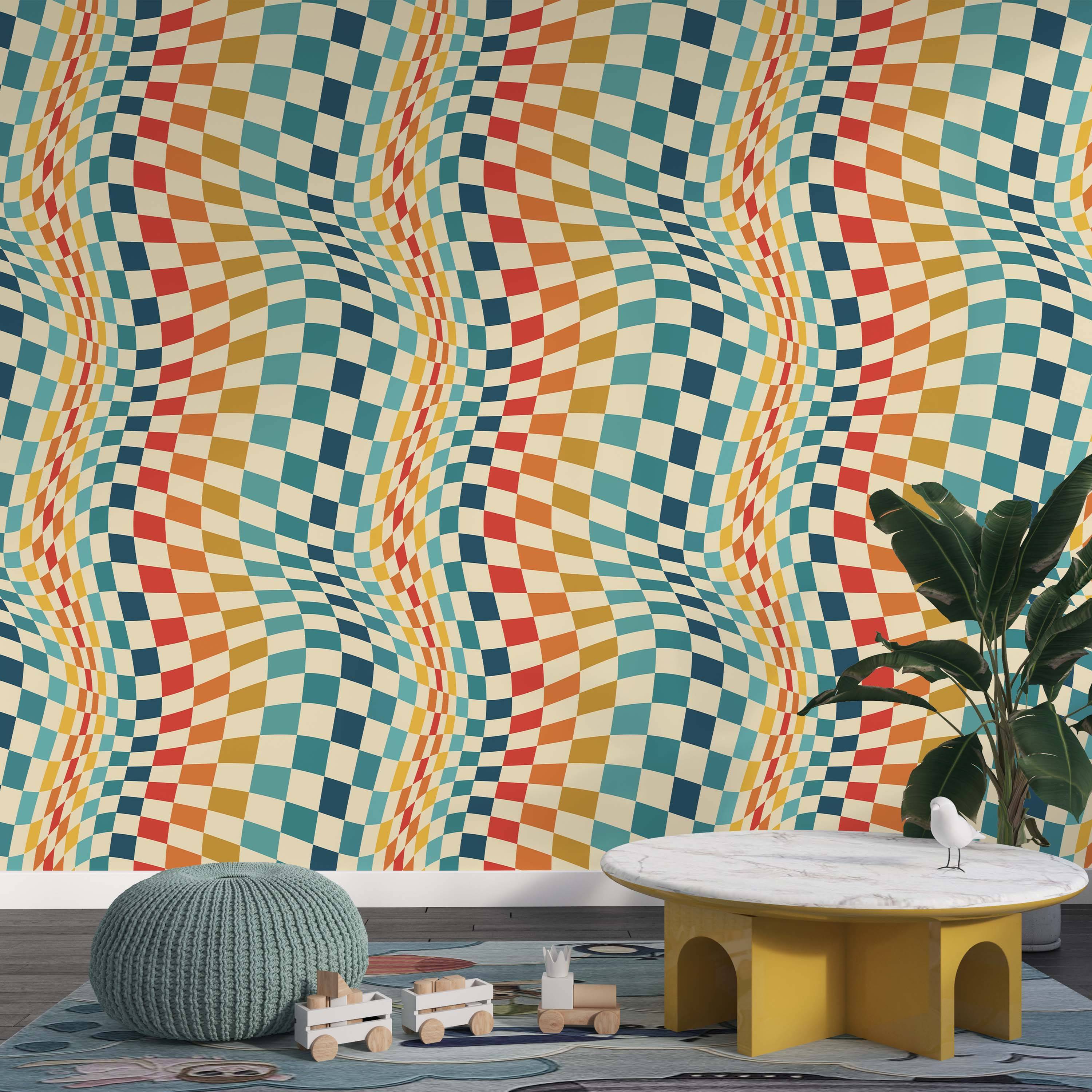 Wavy checkerboard wallpaper featuring distorted squares in a retro color palette of red, orange, yellow, blue, and cream.