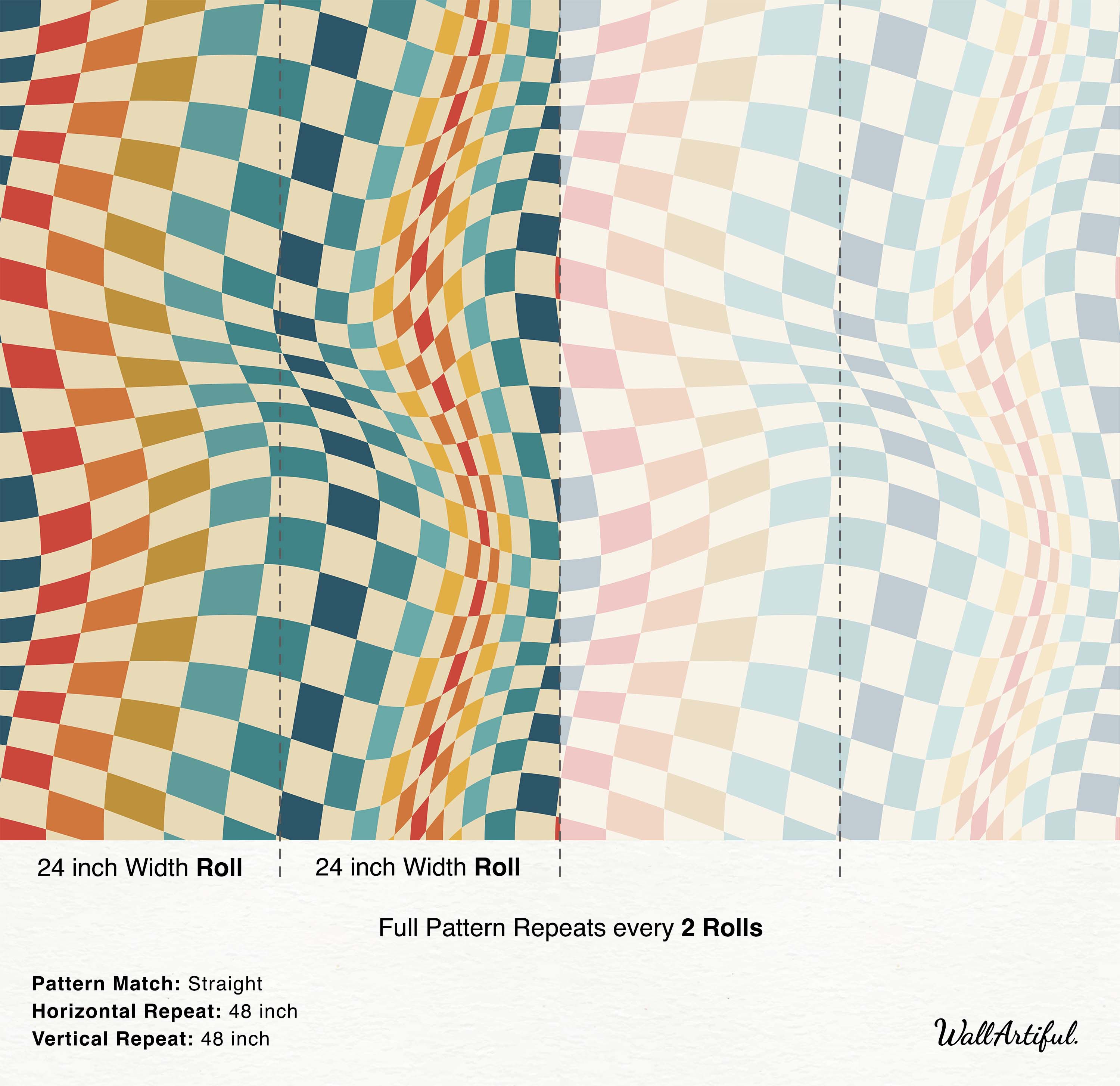 Retro wallpaper featuring a distorted multicolor checkerboard pattern with teal, yellow, orange, pink, and blue hues.