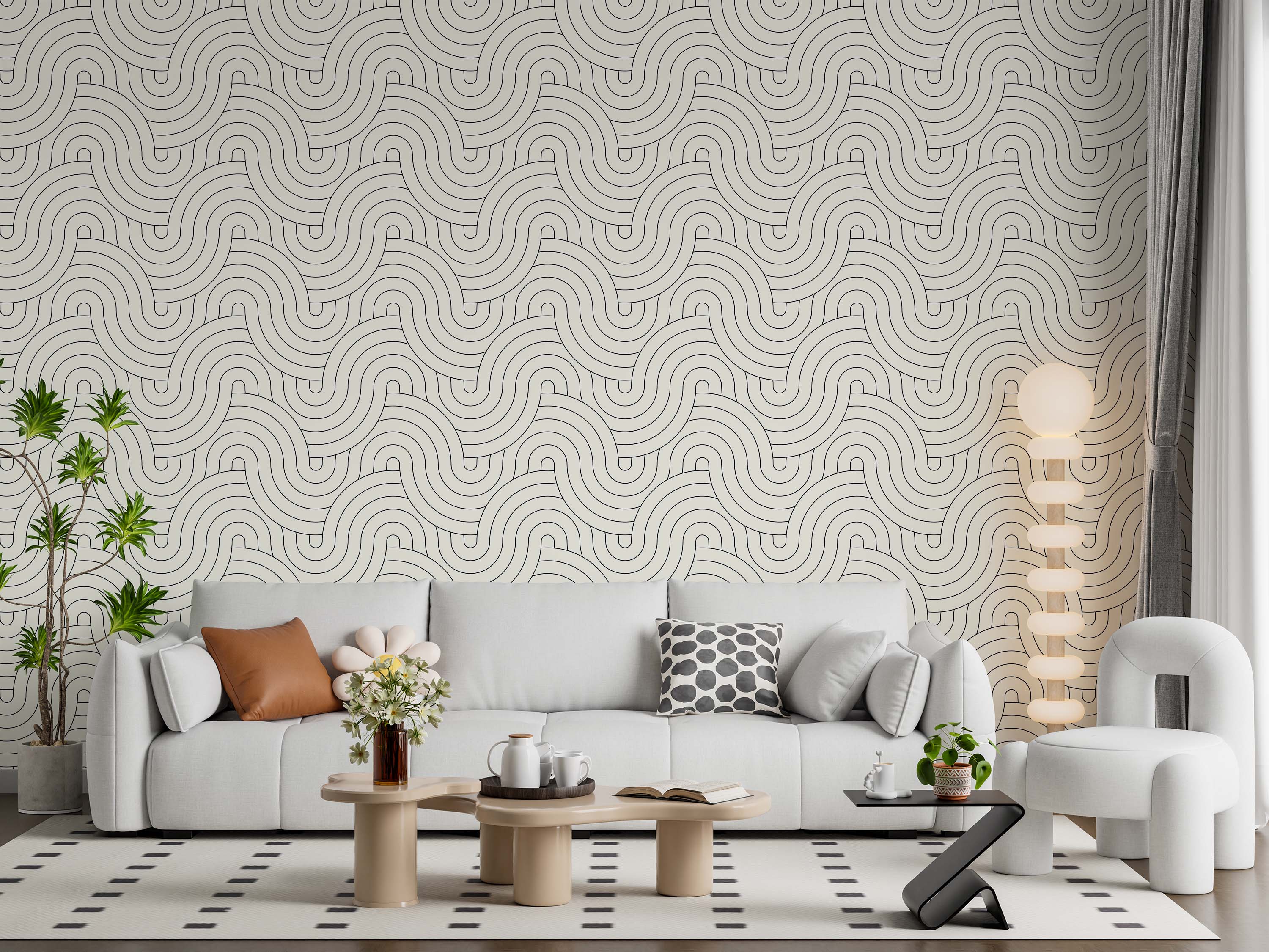 Geometric wallpaper with a continuous pattern of interlocking, wavy black concentric lines on an off-white background.