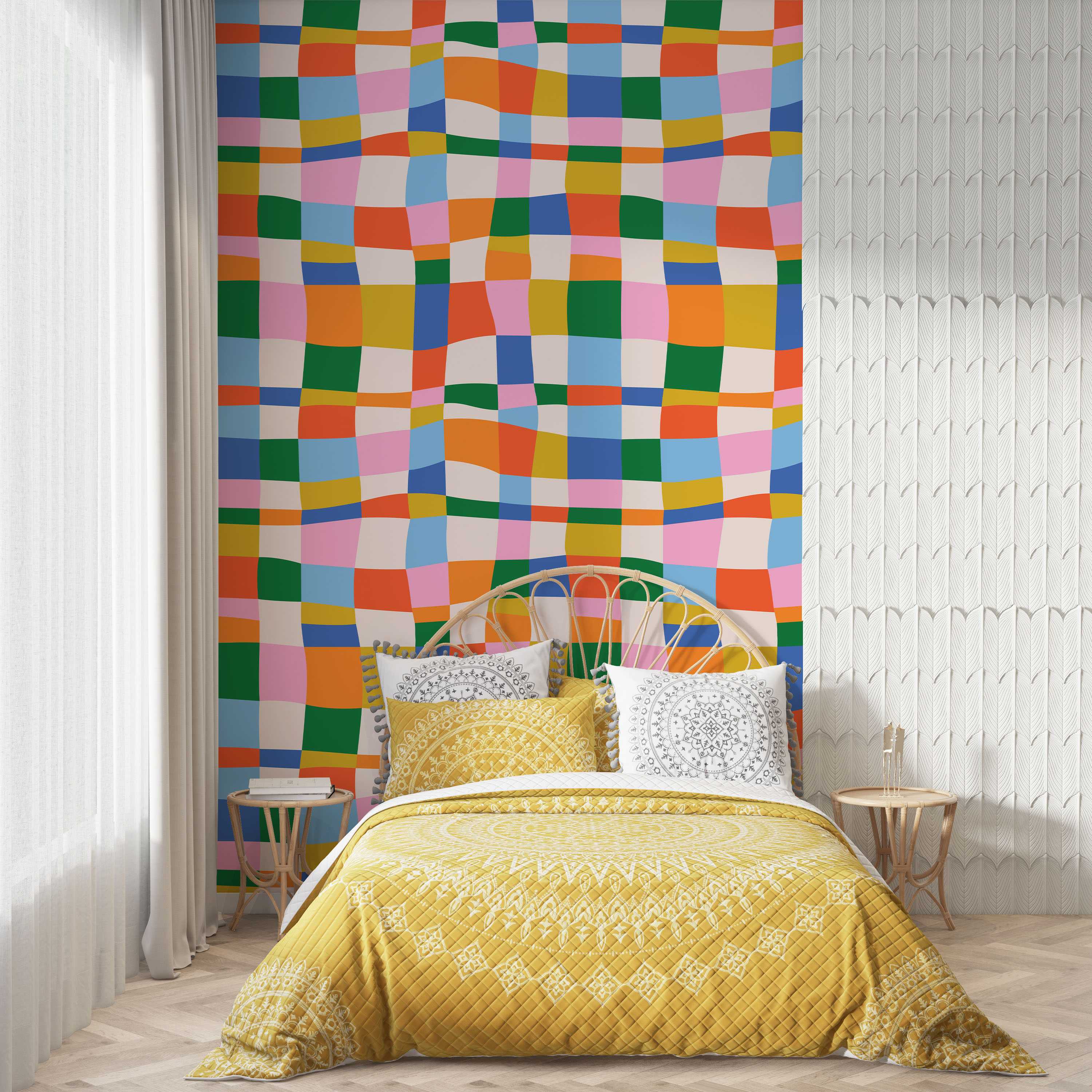 Colorful wavy geometric pattern wallpaper with squares.