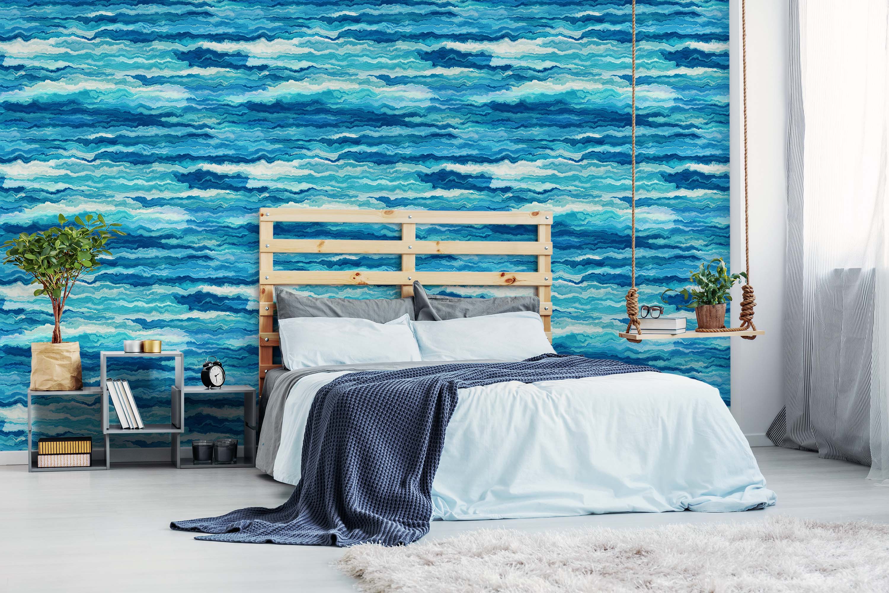 Abstract wallpaper with wavy horizontal bands in varying shades of deep blue, teal, aqua, and white, creating a flowing, water-like effect.