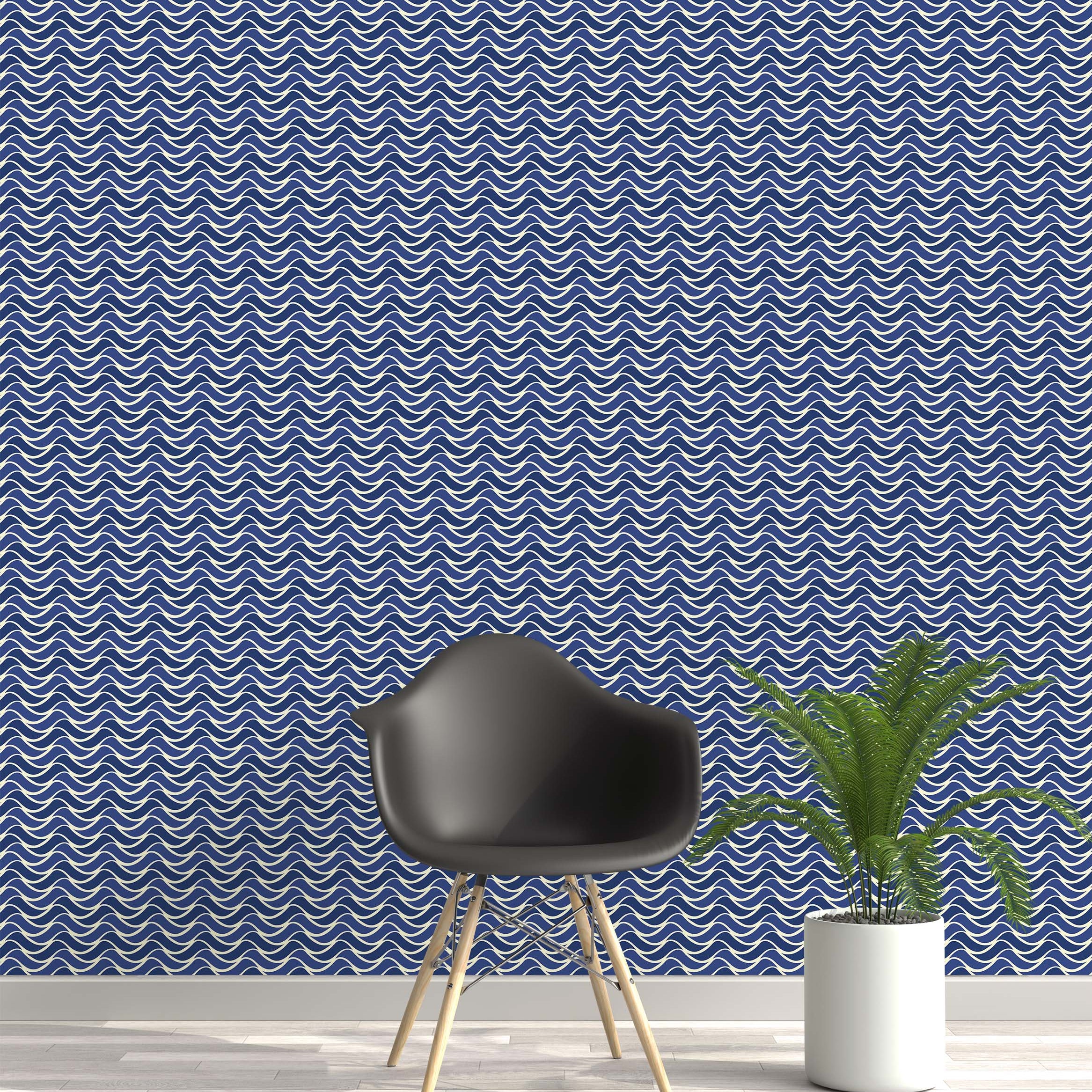 Wallpaper with a repeating horizontal wave pattern in shades of blue, outlined with thin off-white lines for a coastal look.