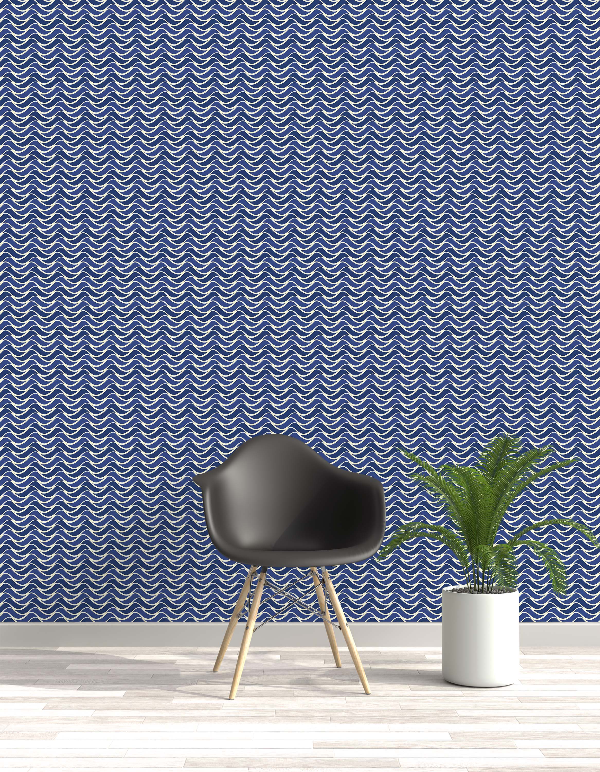 Wallpaper with a repeating horizontal wave pattern in shades of blue, outlined with thin off-white lines for a coastal look.
