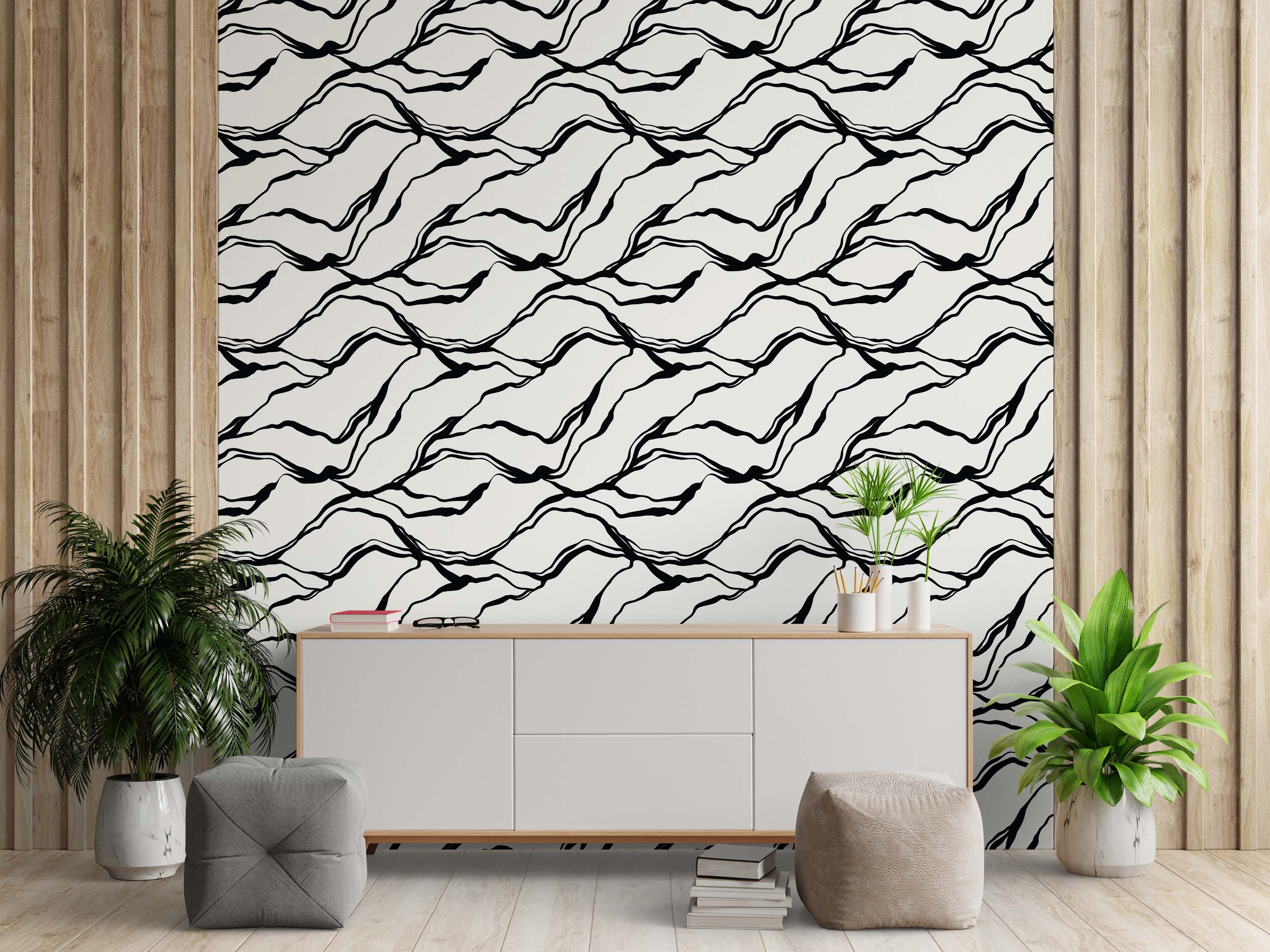 Abstract wallpaper featuring flowing, wavy black lines interconnected across a white background.