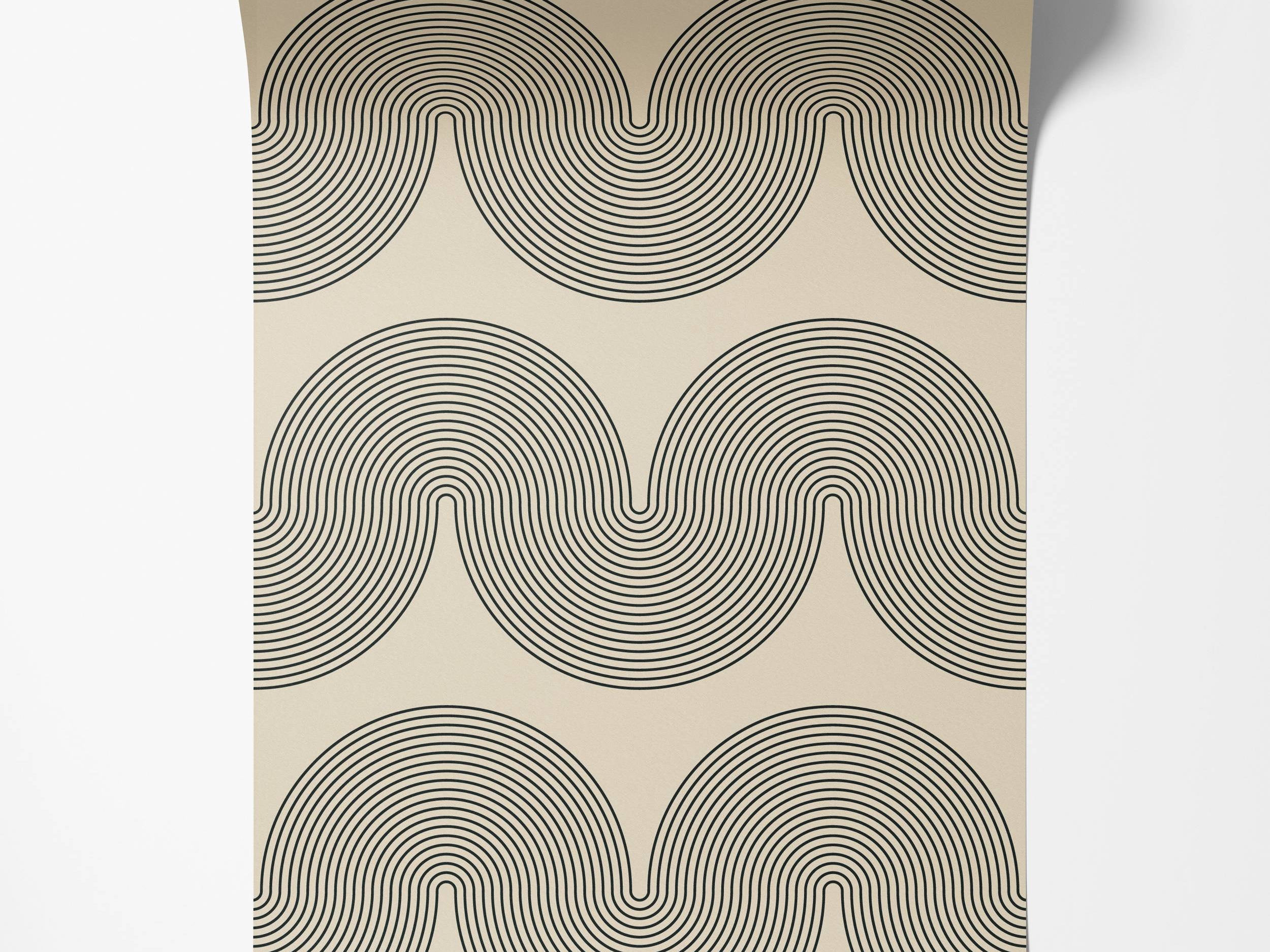 Geometric wallpaper featuring undulating waves composed of fine black concentric lines on a cream background.
