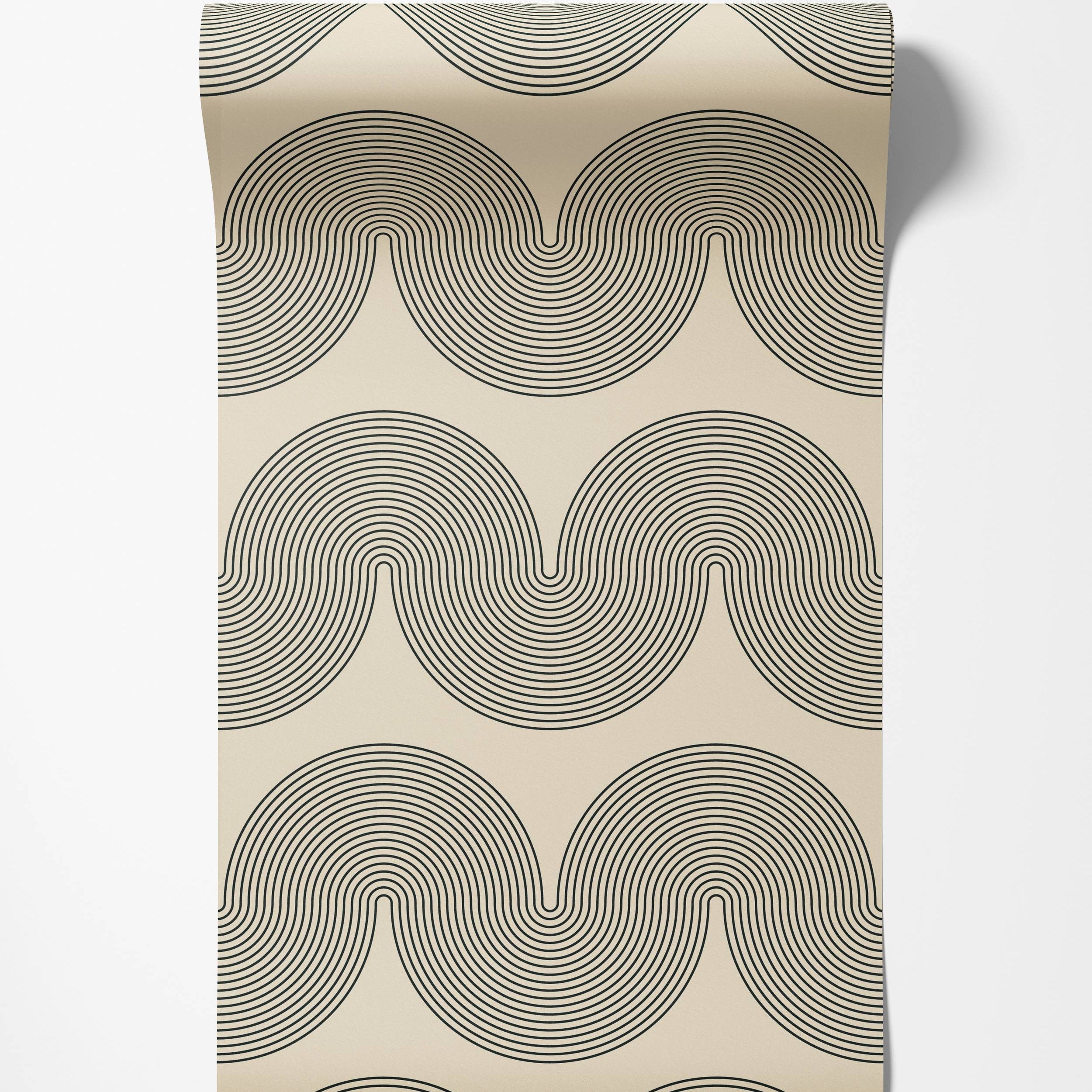 Geometric wallpaper featuring undulating waves composed of fine black concentric lines on a cream background.