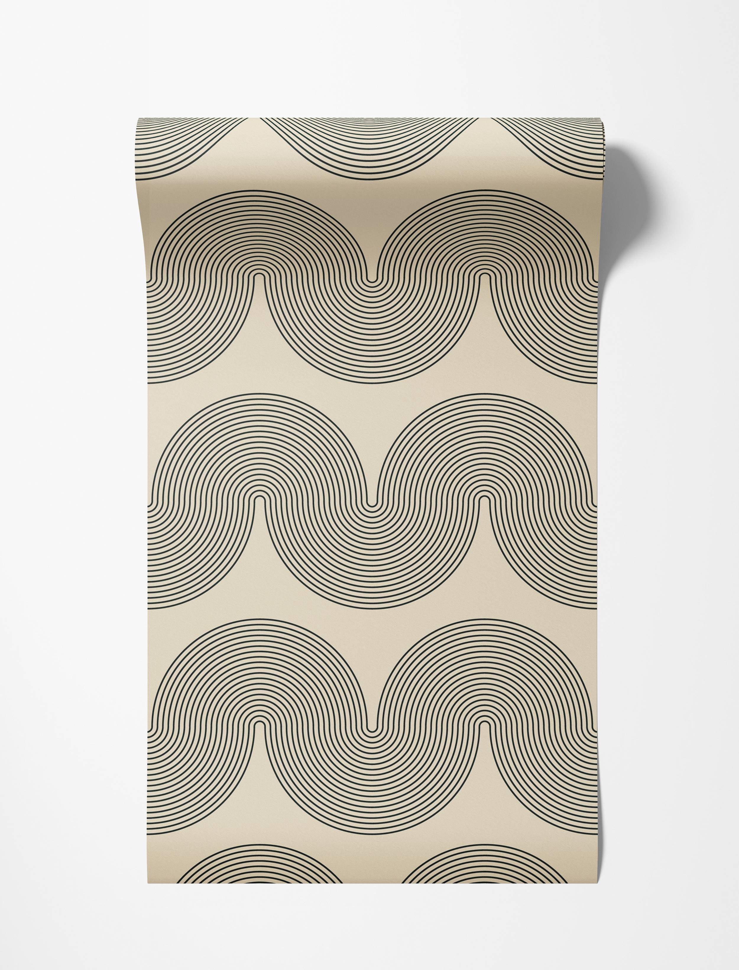 Geometric wallpaper featuring undulating waves composed of fine black concentric lines on a cream background.