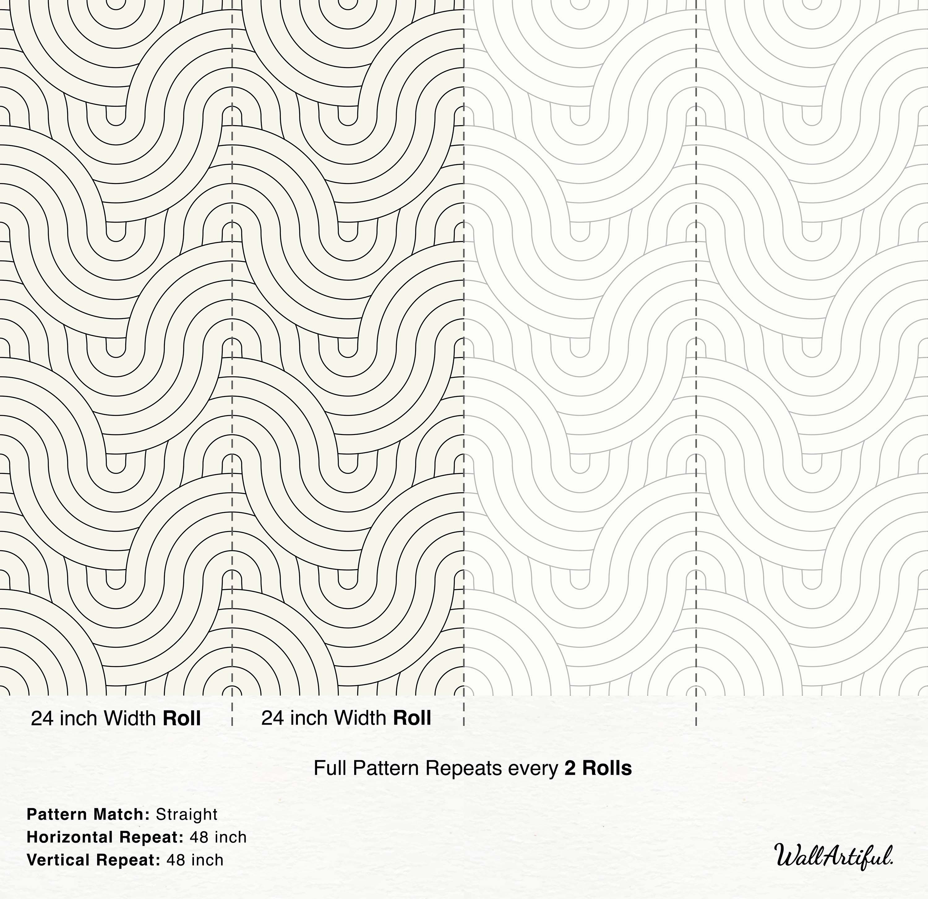 Black and cream wallpaper displaying a continuous pattern of thin, wavy concentric lines and arches.