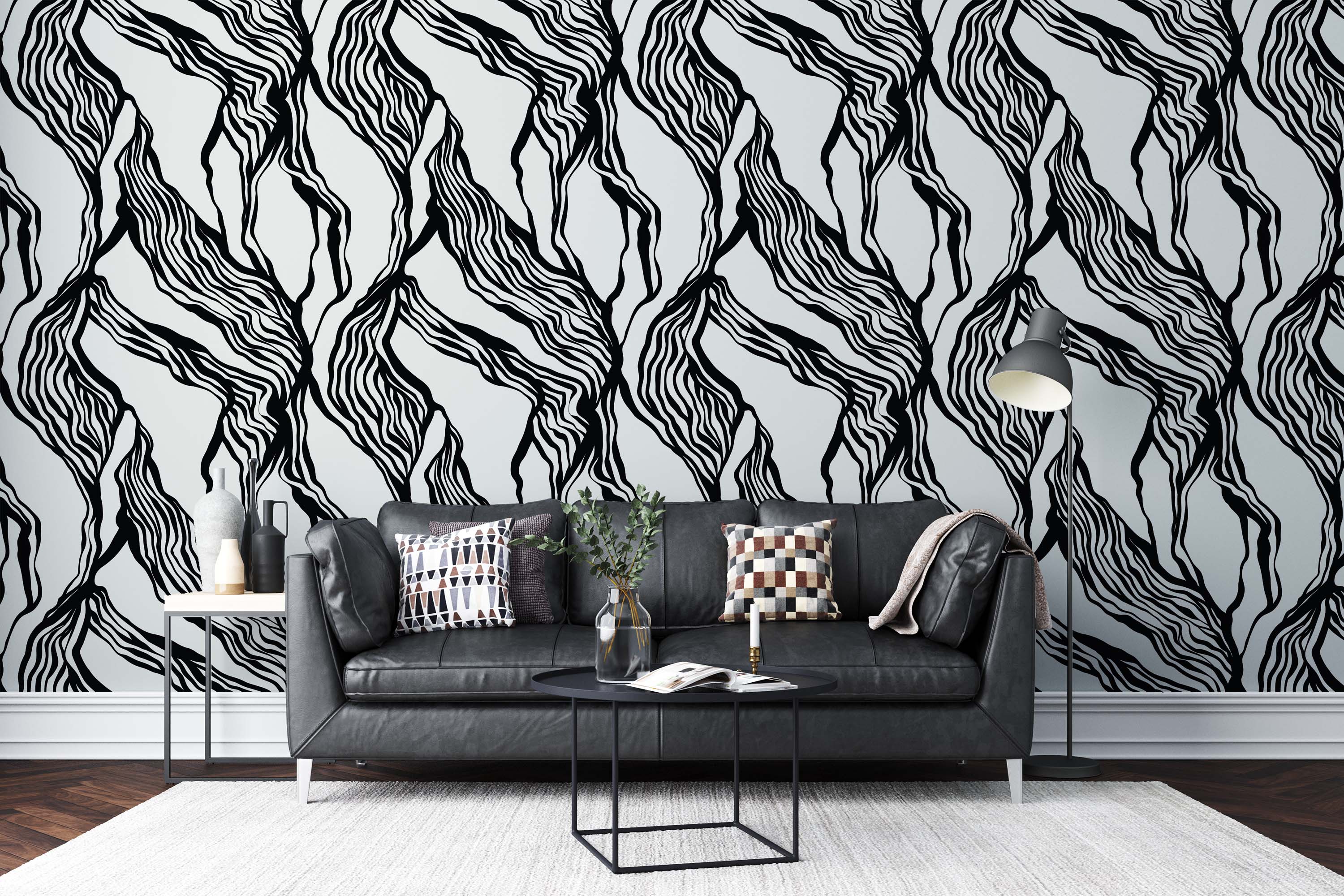 Graphic wallpaper displaying thick, wavy black vertical lines against a soft gray backdrop.