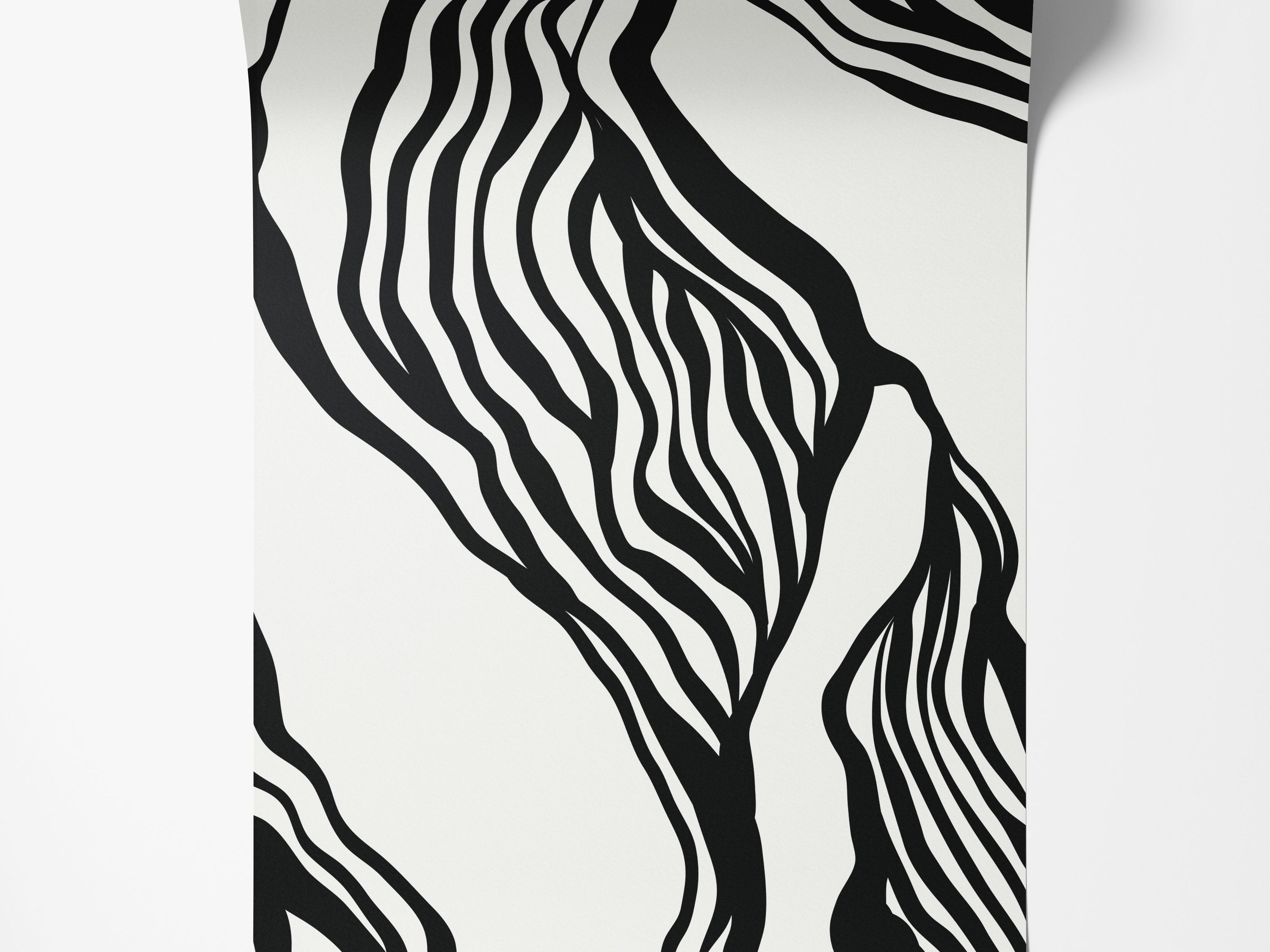 Abstract wallpaper featuring bold, wavy black lines flowing organically against a white background.