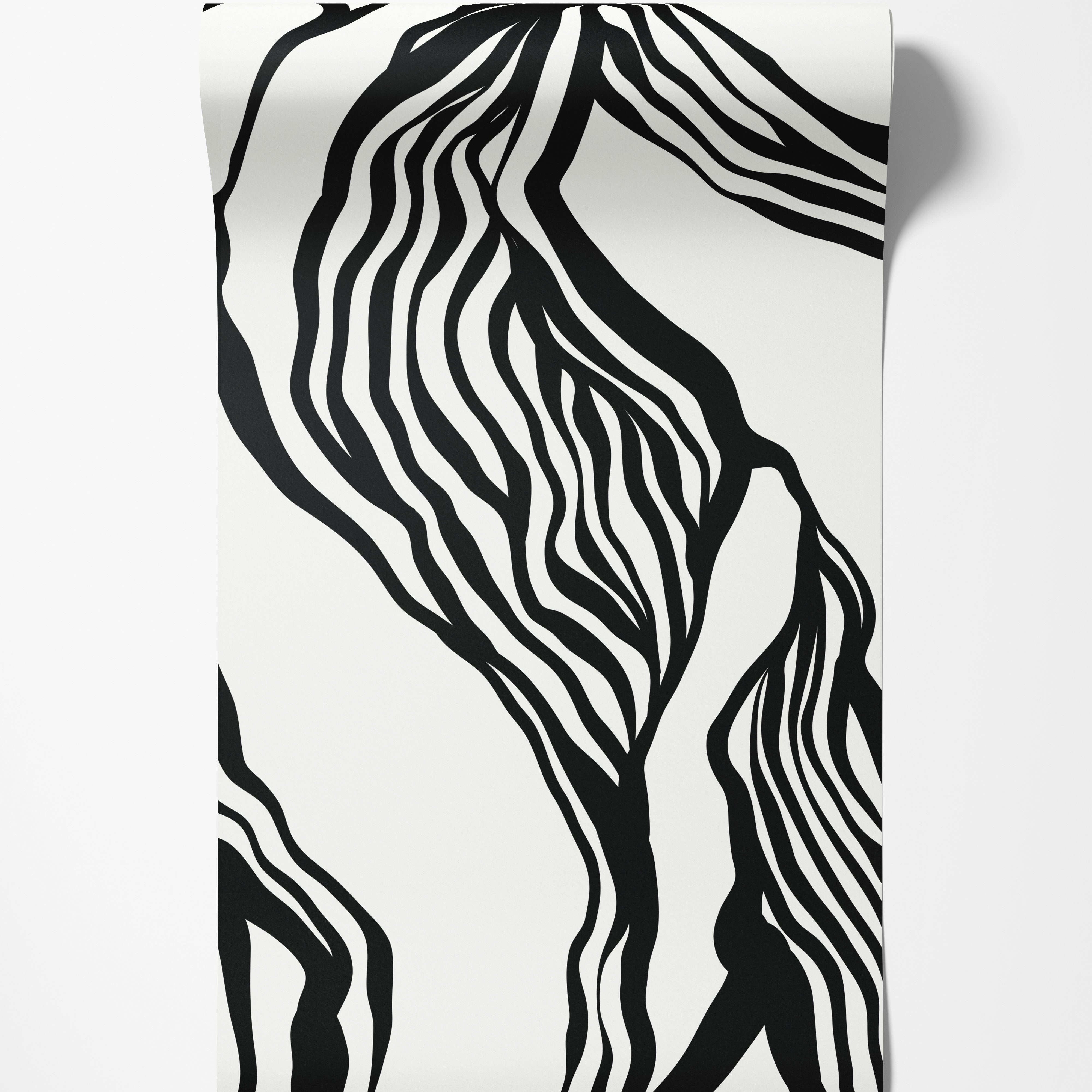 Abstract wallpaper featuring bold, wavy black lines flowing organically against a white background.