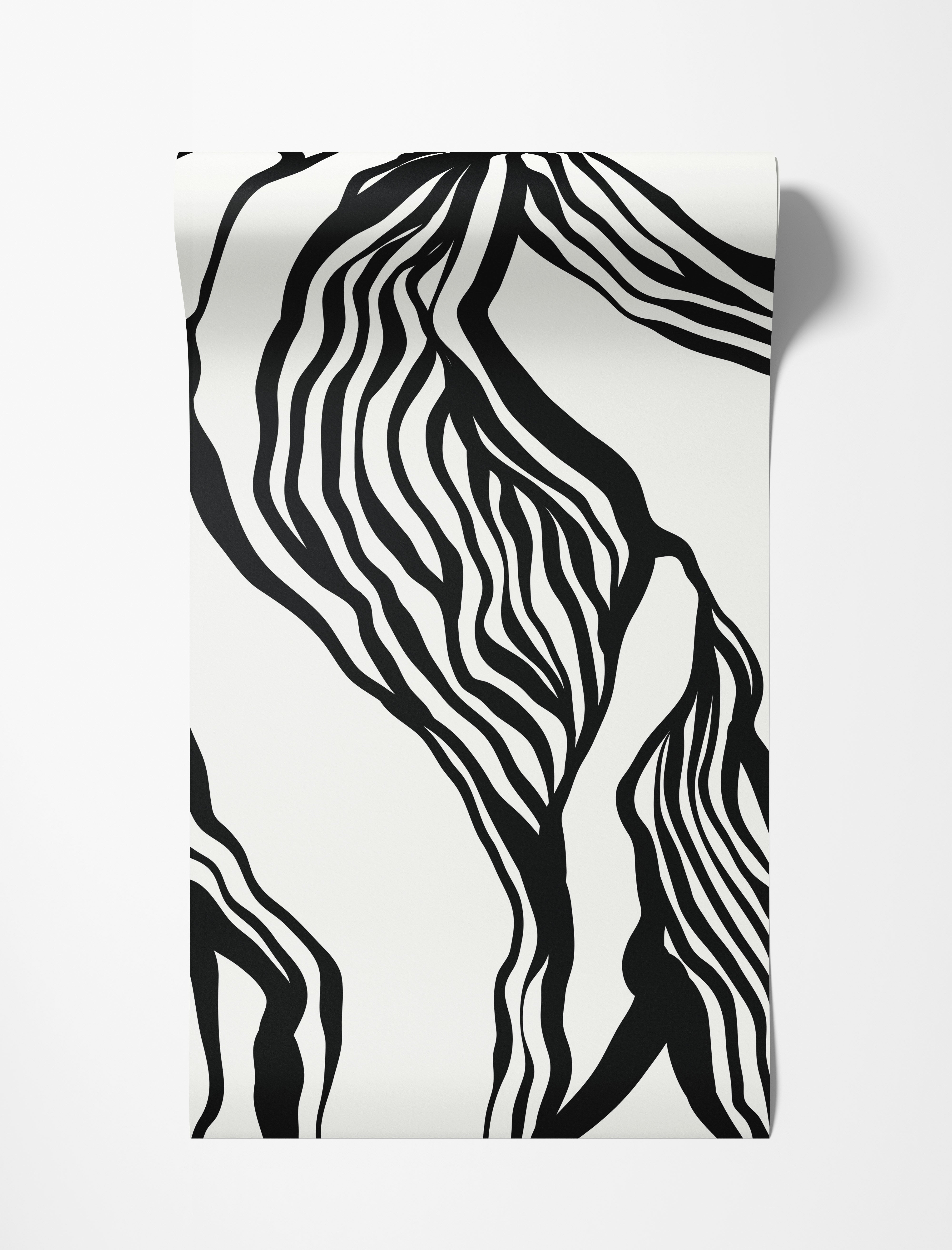 Abstract wallpaper featuring bold, wavy black lines flowing organically against a white background.