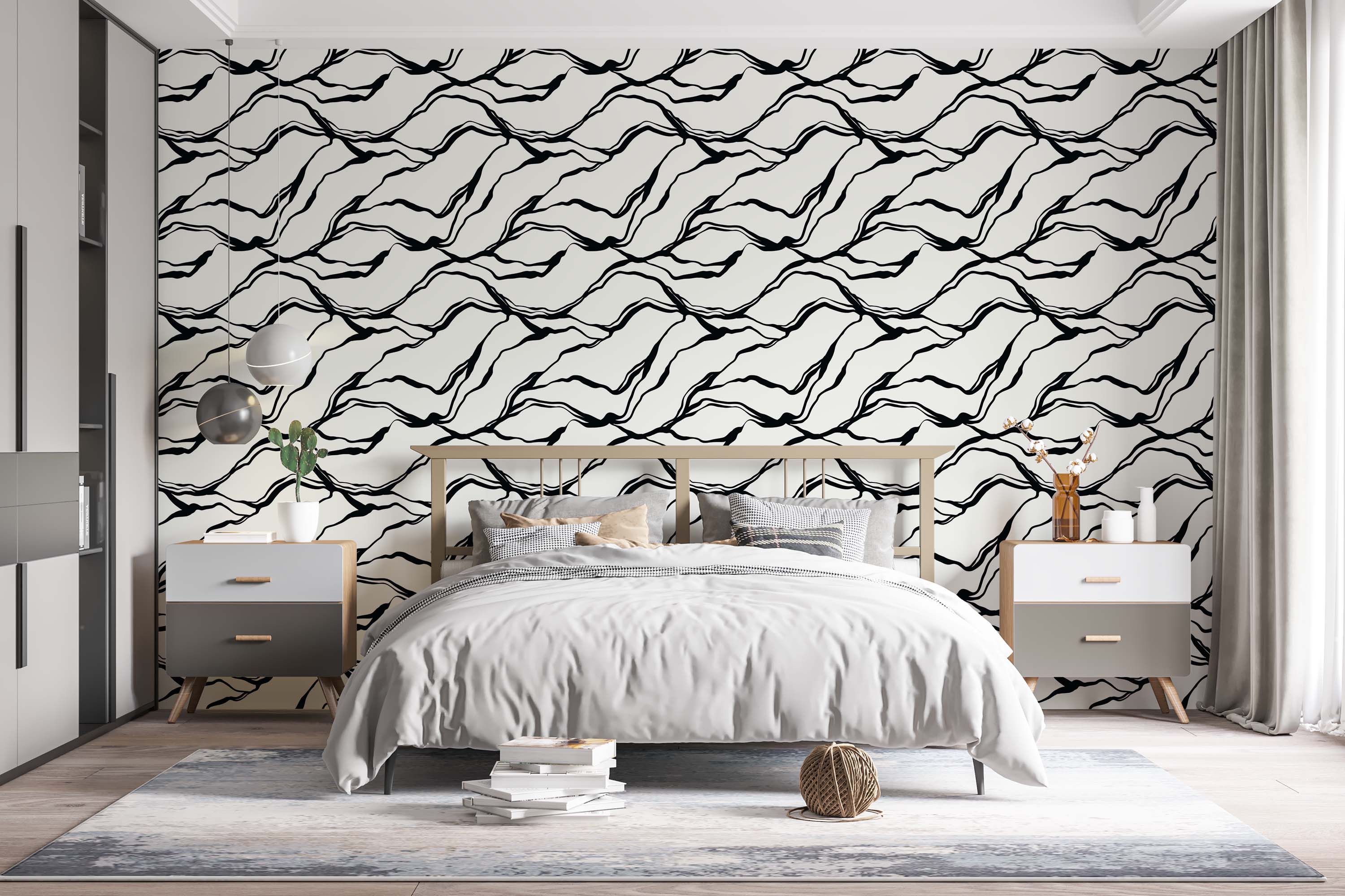 Abstract wallpaper design featuring bold, flowing black wavy lines horizontally arranged on a light off-white background.