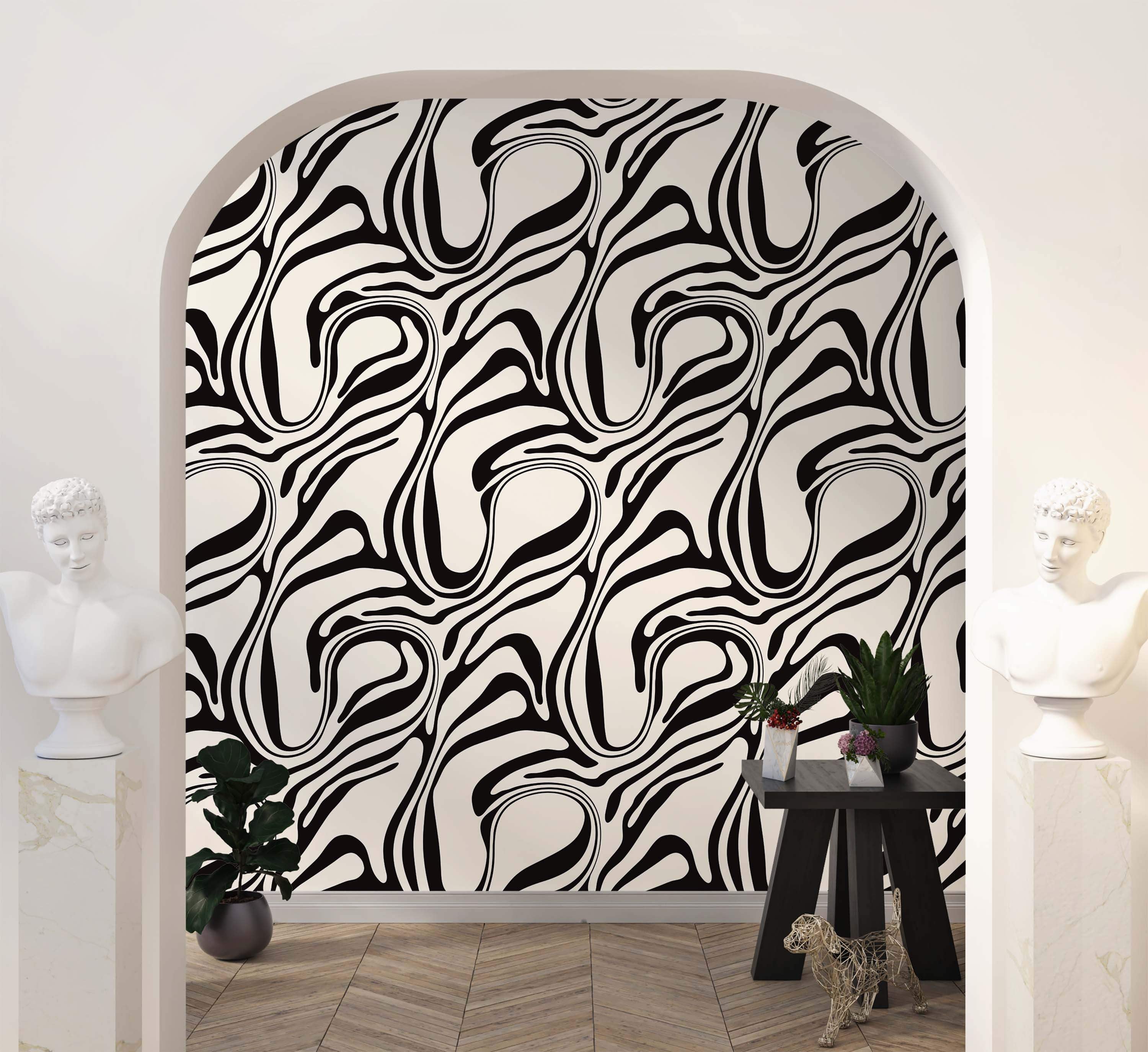 Abstract wallpaper featuring bold black wavy lines flowing across an off-white background, creating a liquid marble effect.