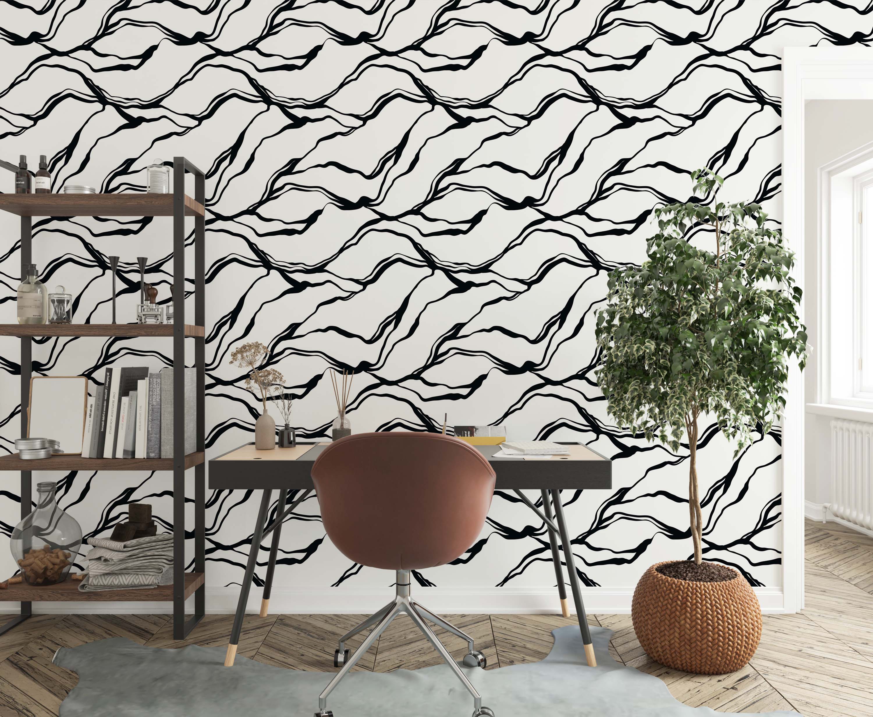 Abstract wallpaper featuring flowing, wavy black lines contrasting against a solid white background.