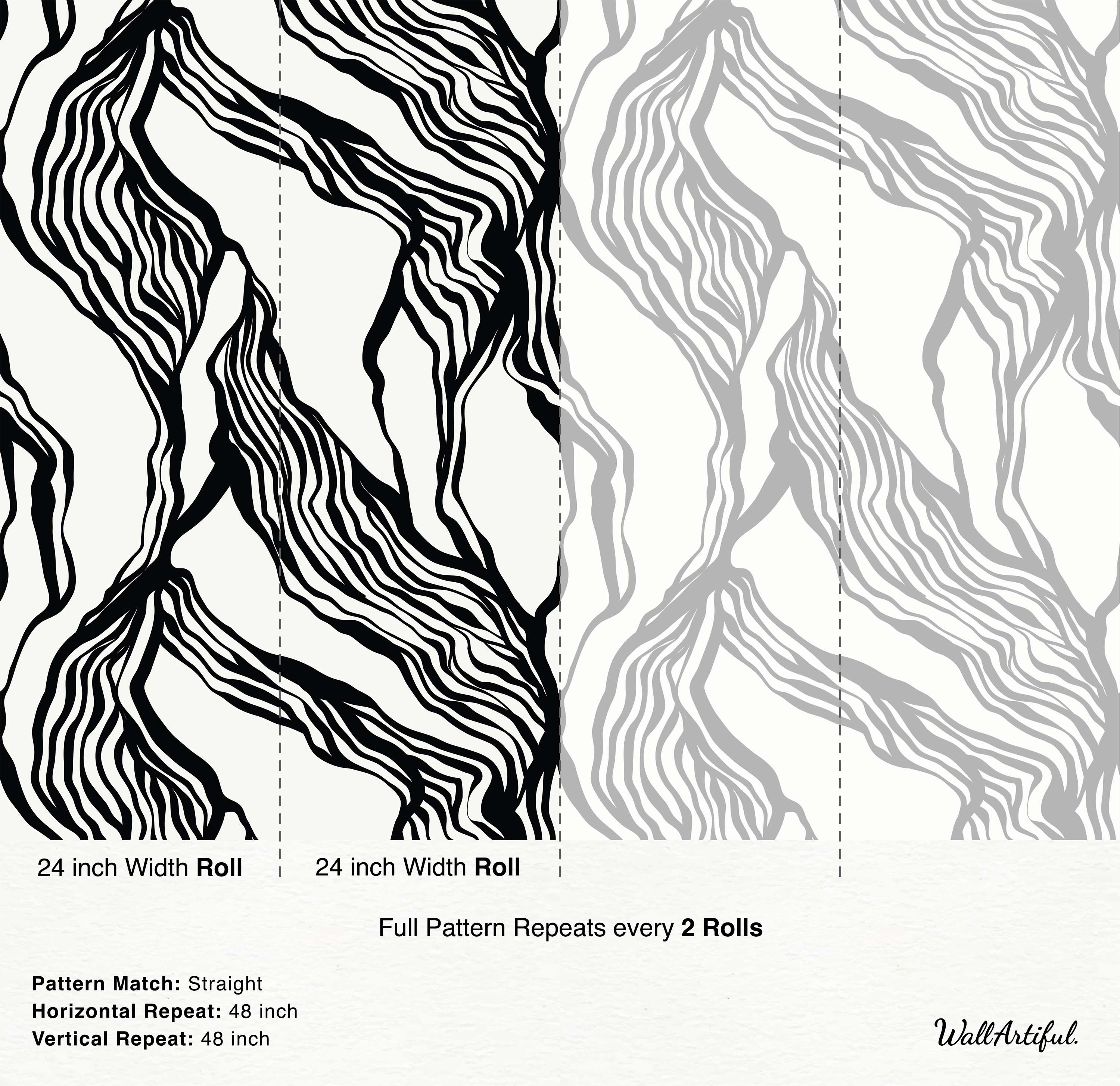 Abstract wallpaper with bold, wavy black vertical lines resembling wood grain or flowing stripes on a white background.