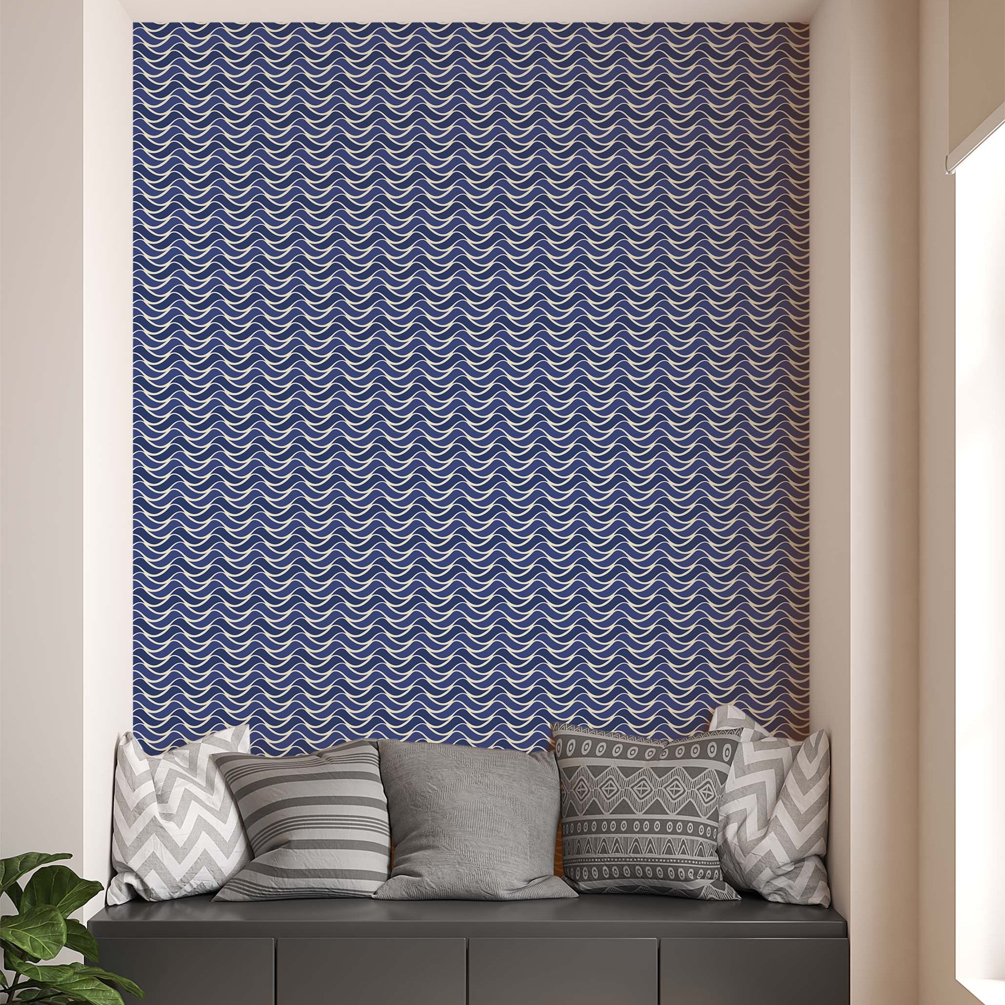 Dark blue wallpaper featuring a dense pattern of horizontal, stylized cream-colored waves.