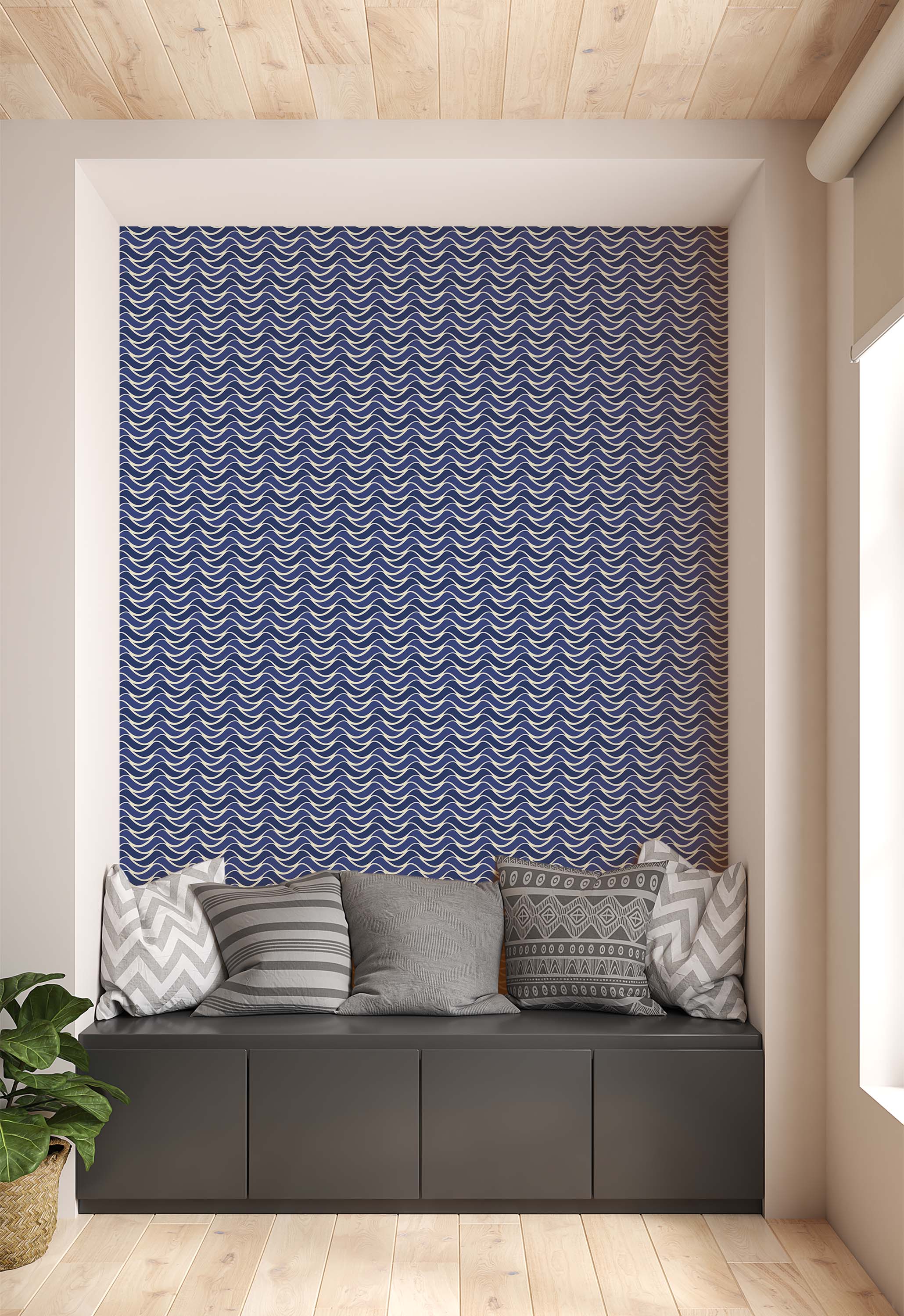 Dark blue wallpaper featuring a dense pattern of horizontal, stylized cream-colored waves.