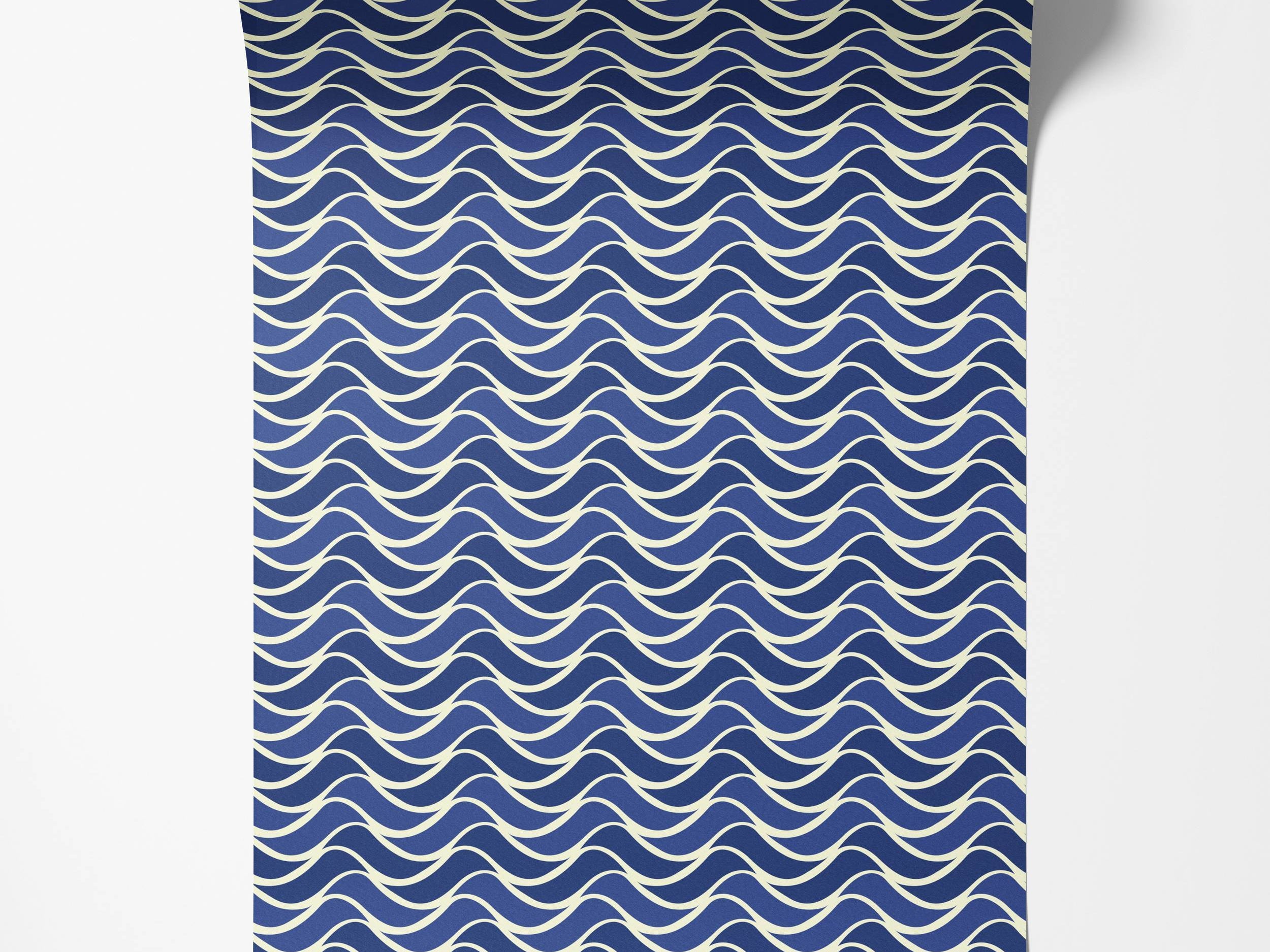 A wallpaper with a rhythmic wave pattern in shades of blue, outlined in a soft cream color.
