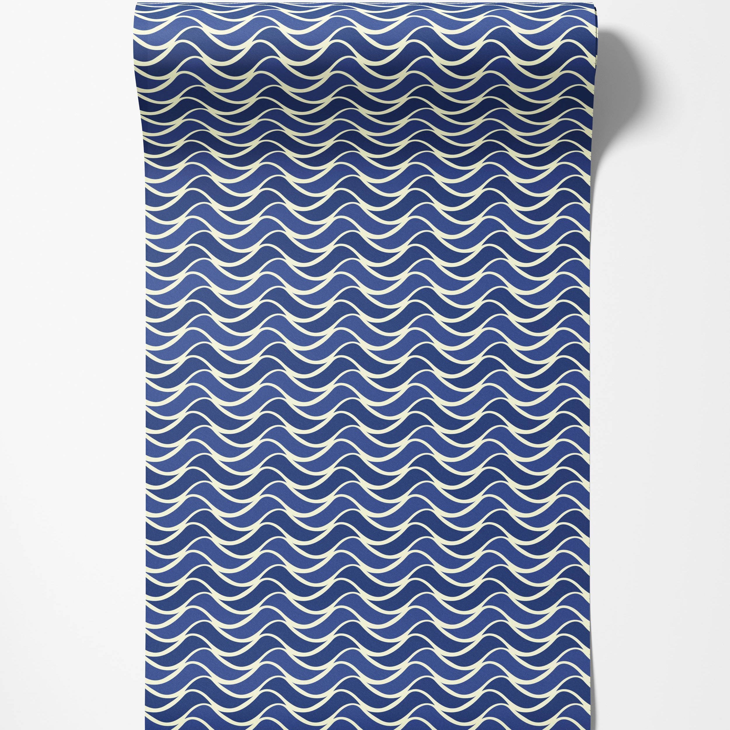 A wallpaper with a rhythmic wave pattern in shades of blue, outlined in a soft cream color.